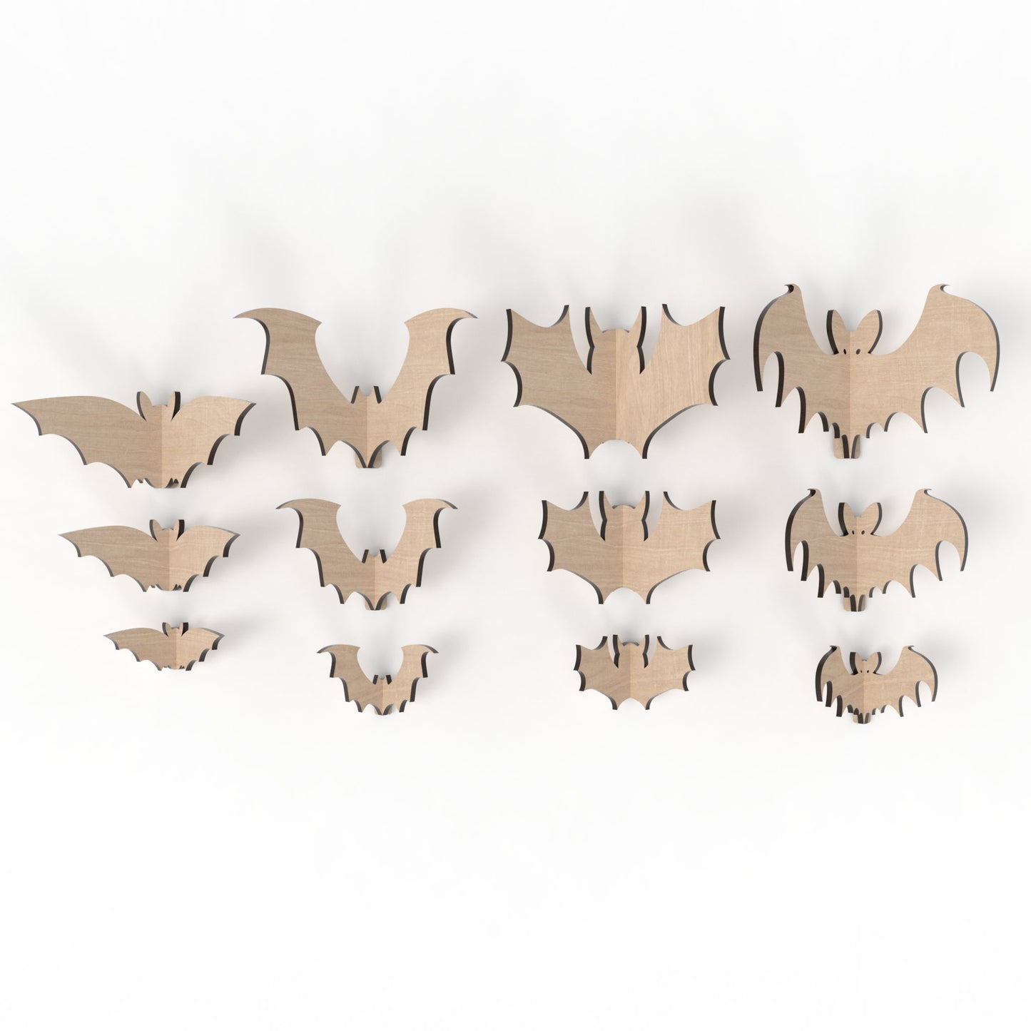 Set of 12 slot together 3D Halloween bats made from our laser cutting files and available for digital download. Features 4 captivating designs in 3 sizes: 10cm, 15cm, and 20cm wide.
