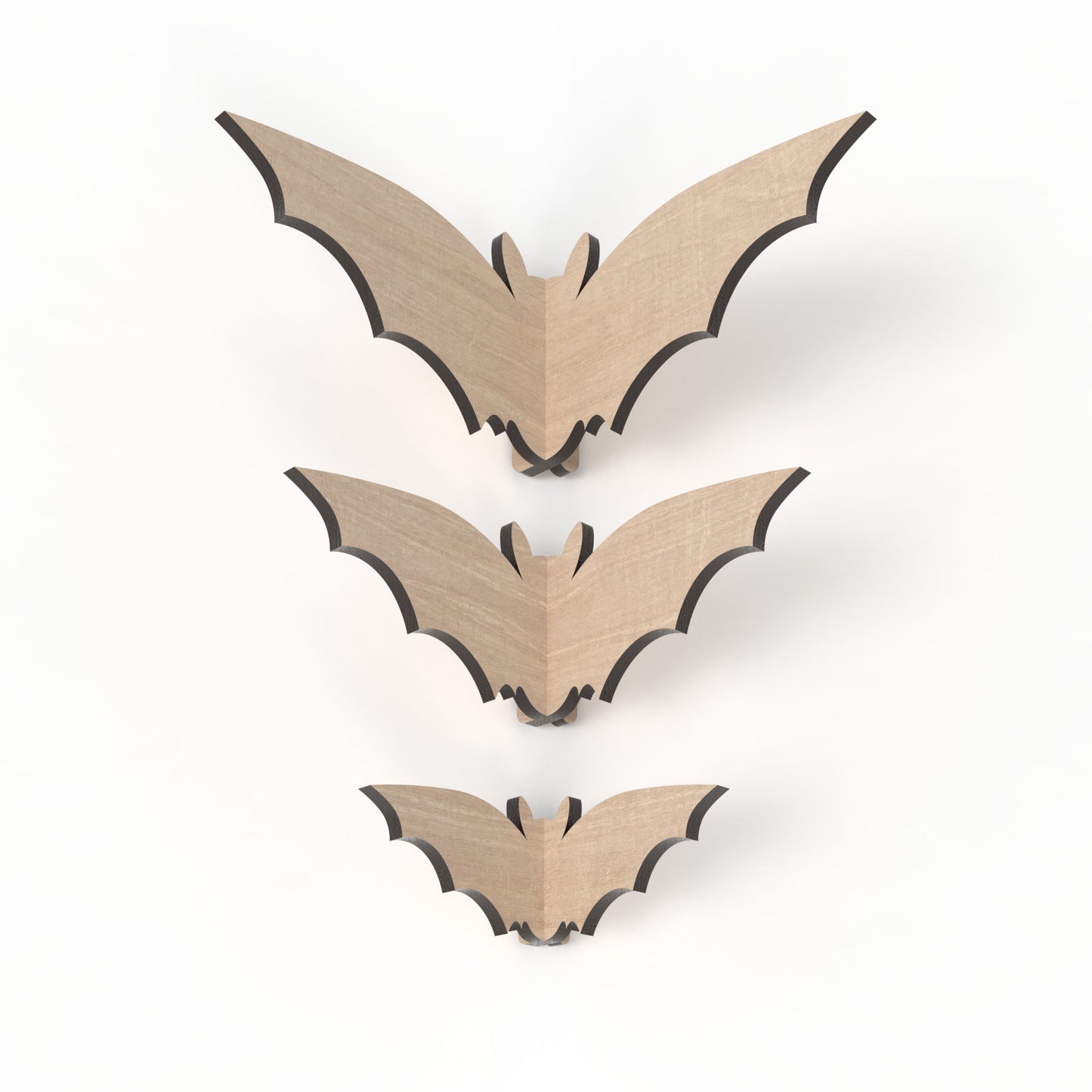 3 Slot together 3D Halloween bats made from our laser cutting files and available for digital download. 3 sizes: 10cm, 15cm, and 20cm wide.