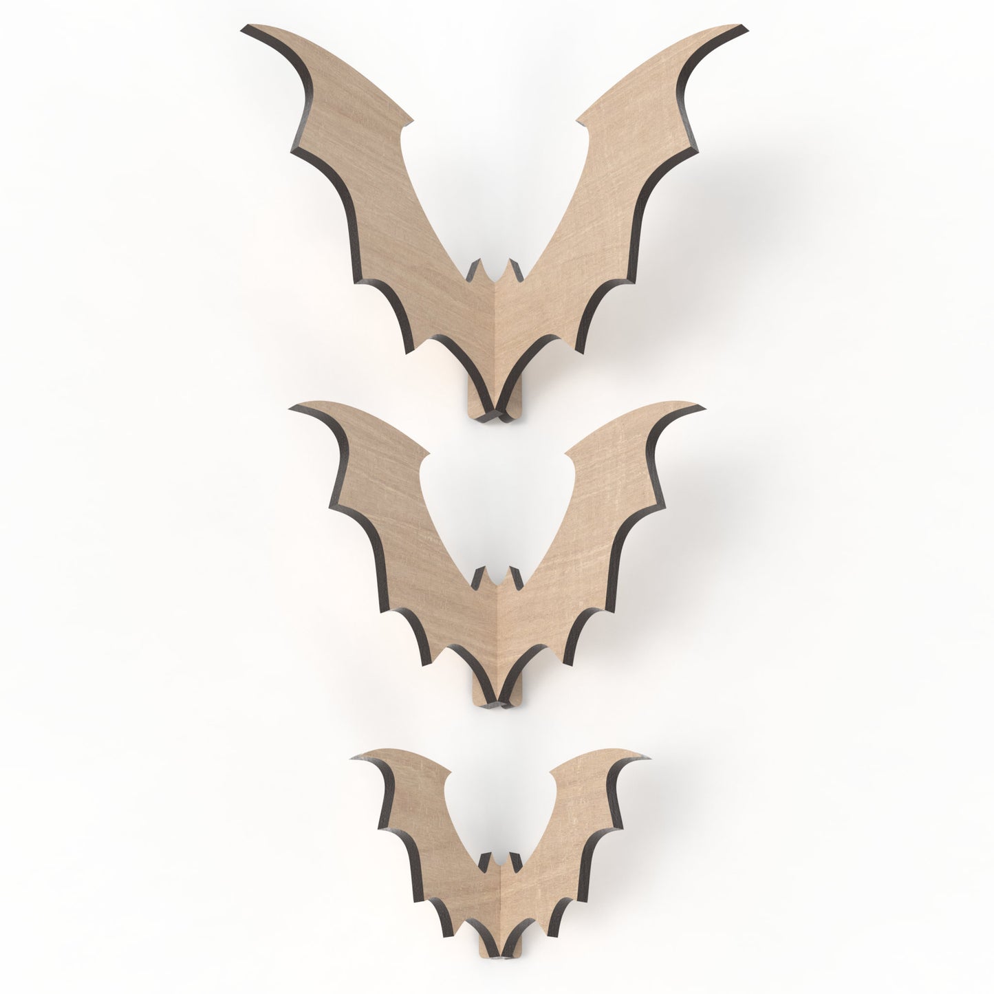 3 Slot together 3D Halloween bats made from our laser cutting files and available for digital download. 3 sizes: 10cm, 15cm, and 20cm wide.