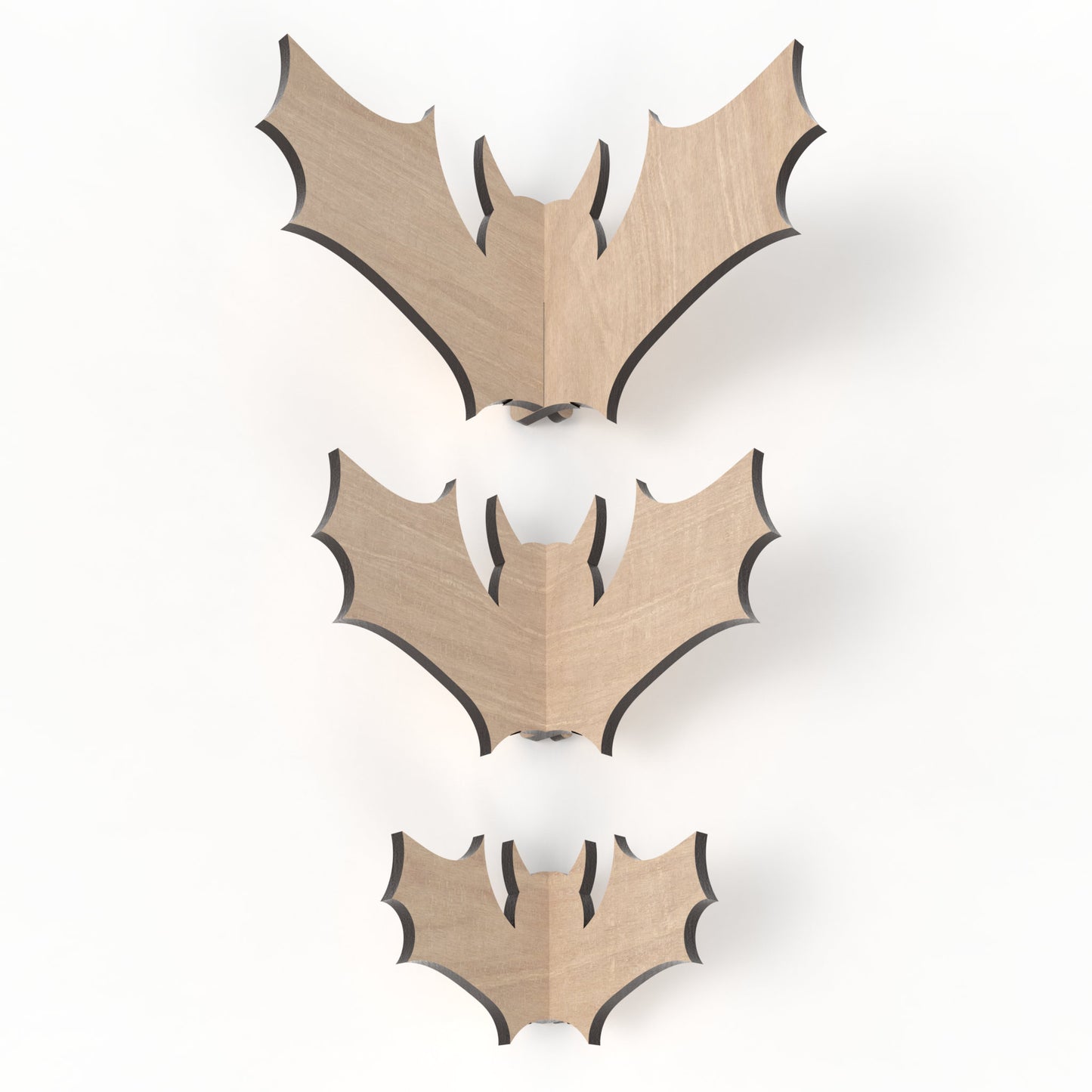 3 Slot together 3D Halloween bats made from our laser cutting files and available for digital download. 3 sizes: 10cm, 15cm, and 20cm wide.