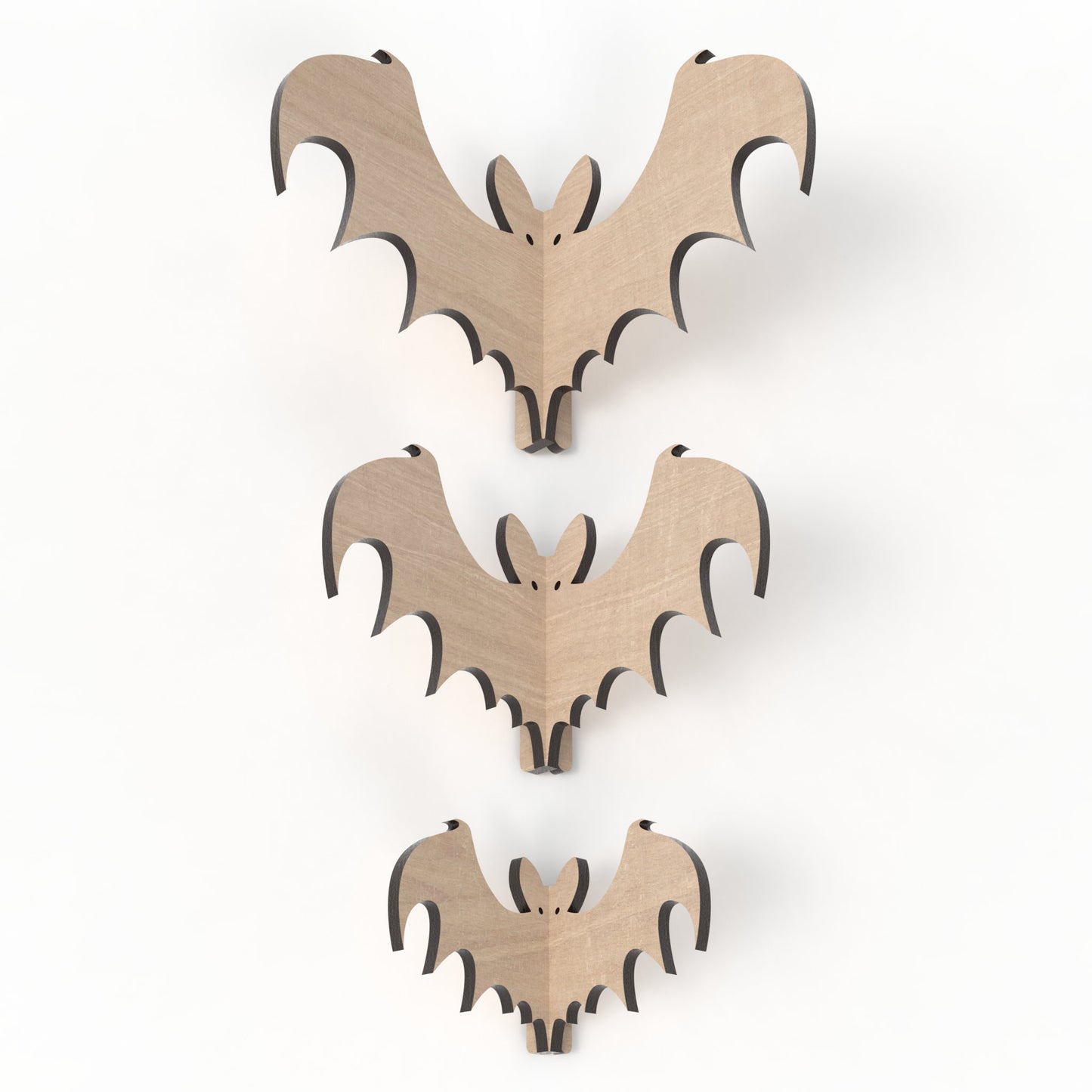 3 Slot together 3D Halloween bats made from our laser cutting files and available for digital download. 3 sizes: 10cm, 15cm, and 20cm wide.