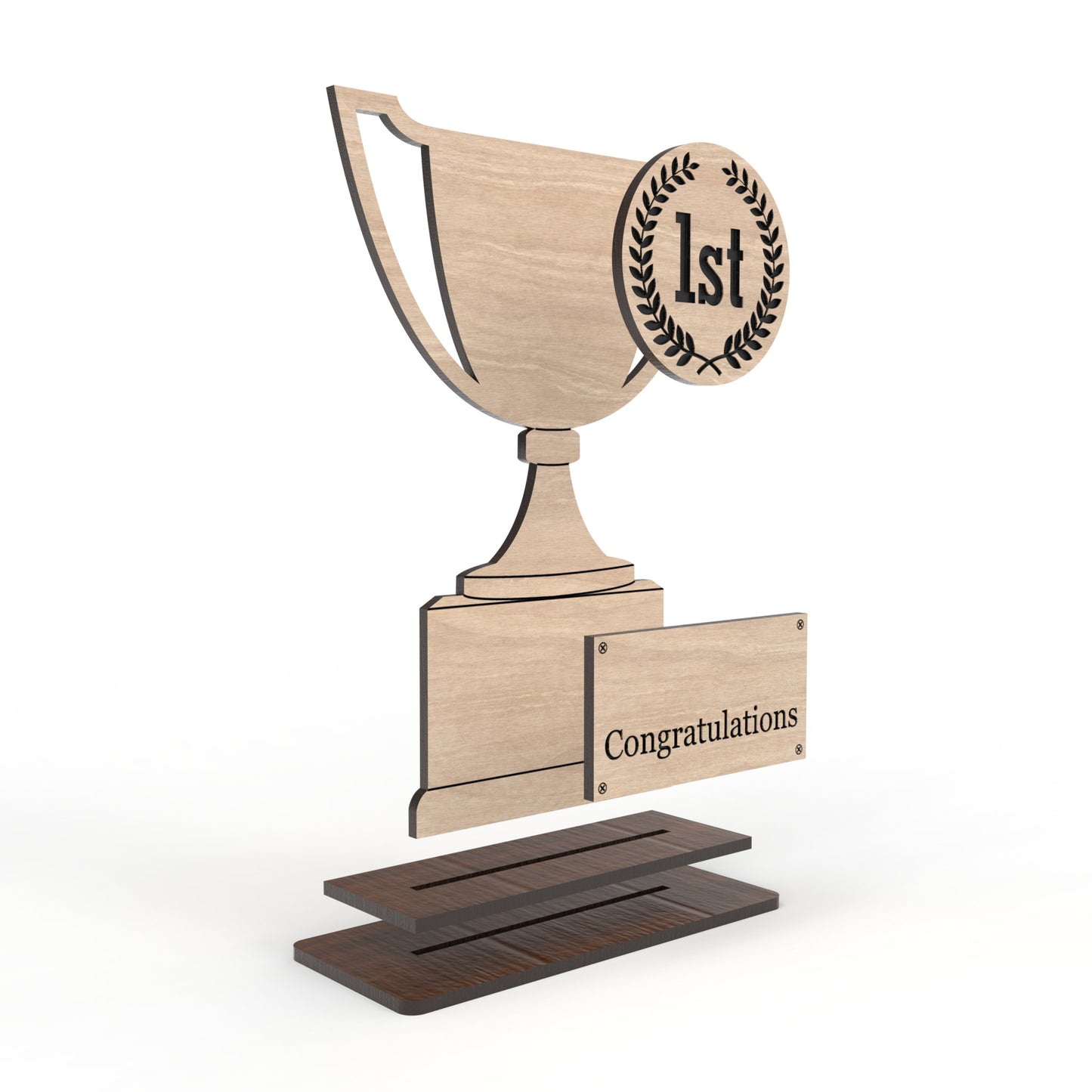 An exploded view of our award trophy made from our laser cutting files and available for digital download.