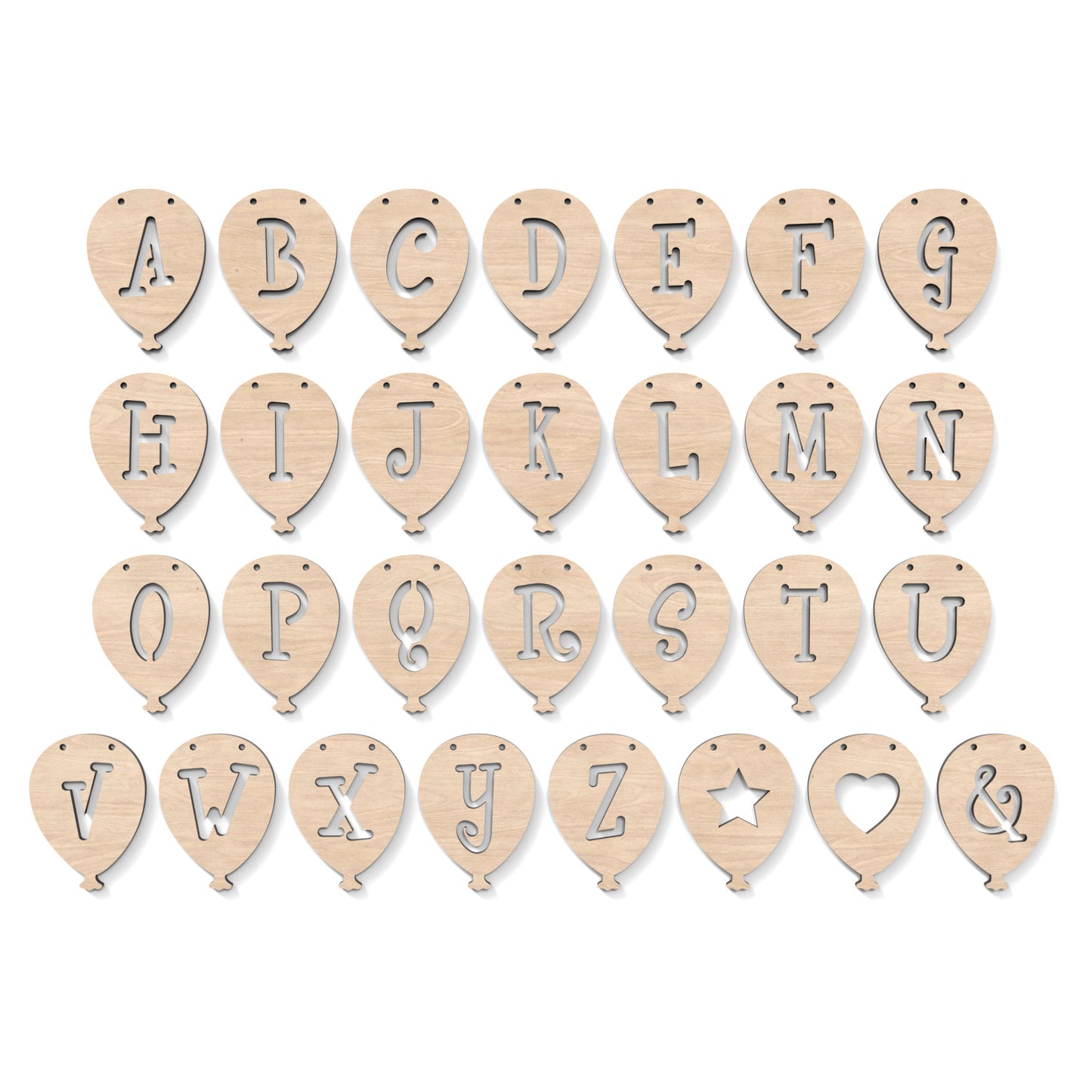 The full alphabet A-Z of Balloon Garland Bunting made from our laser cutting files and available as a digital download. Each balloon features a separate letter cut out of its centre.
