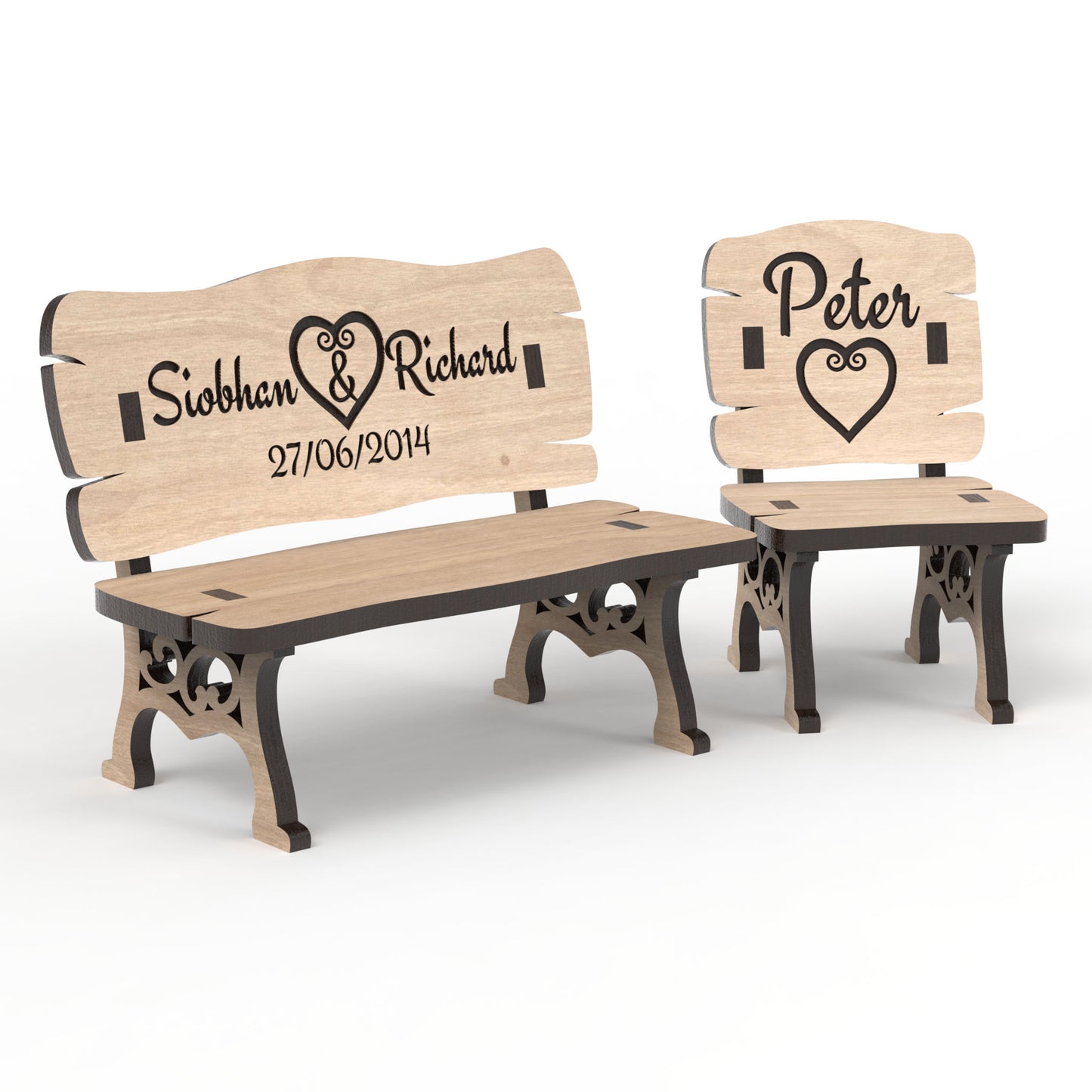 Set of 2 Memorial Bench and Memory Chair made from our laser cutting files and available for digital download. Perfect for Christmas in Heaven memorials, Save a Chair tokens, small dollhouse décor, fairy garden décor, and more!