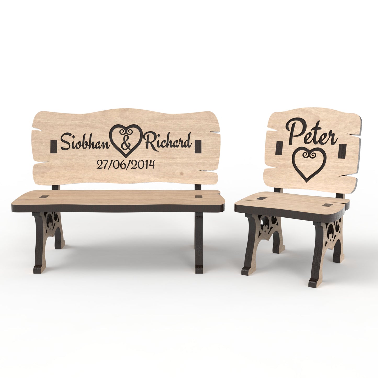 Set of 2 Memorial Bench and Memory Chair made from our laser cutting files and available for digital download. Perfect for Christmas in Heaven memorials, Save a Chair tokens, small dollhouse décor, fairy garden décor, and more!