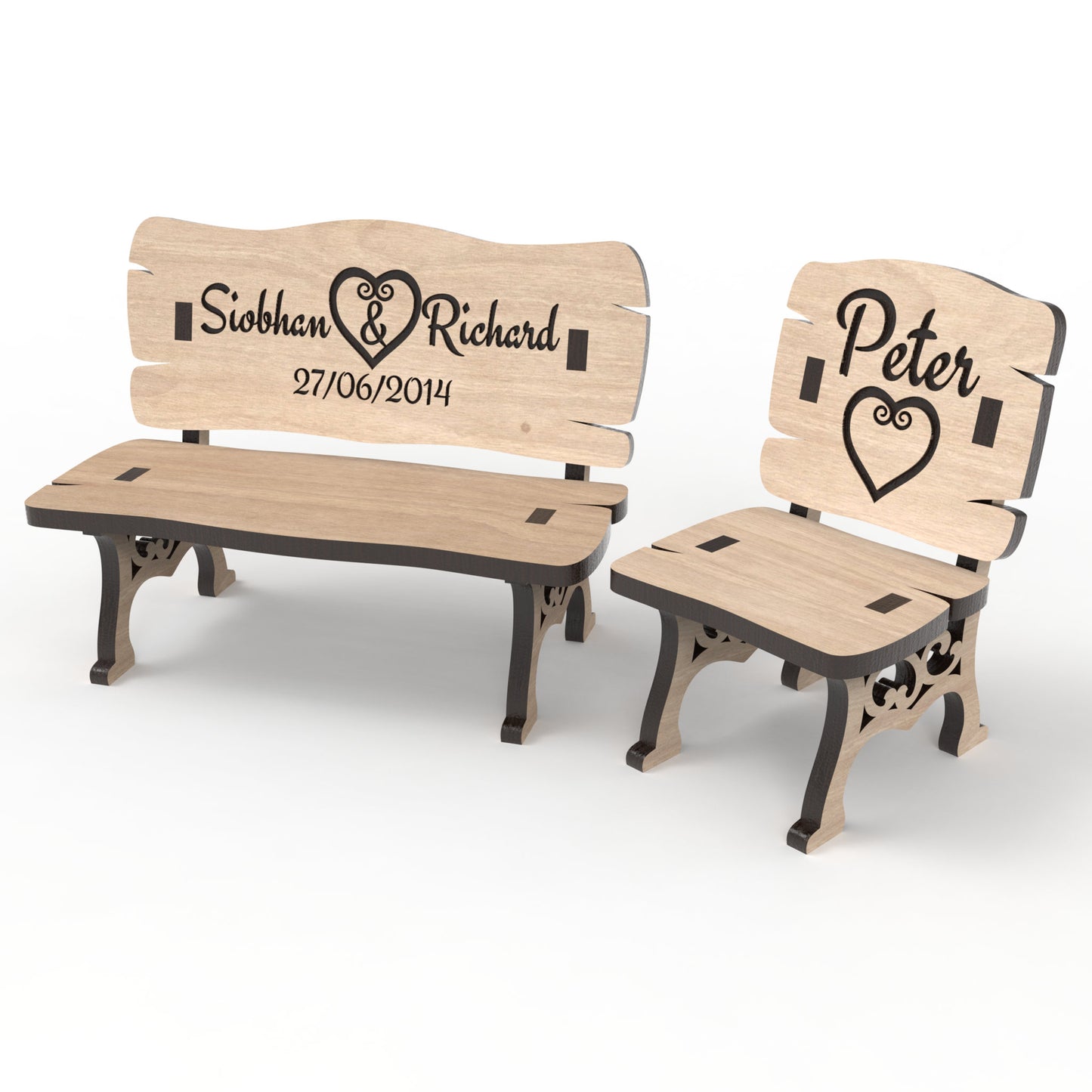 Set of 2 Memorial Bench and Memory Chair made from our laser cutting files and available for digital download. Perfect for Christmas in Heaven memorials, Save a Chair tokens, small dollhouse décor, fairy garden décor, and more!