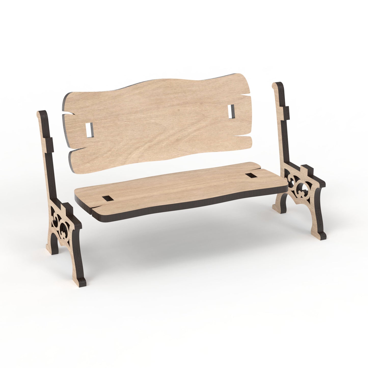 An exploded view of our Memorial Bench and Memory Chair made from our laser cutting files and available for digital download. Perfect for Christmas in Heaven memorials, Save a Chair tokens, small dollhouse décor, fairy garden décor, and more!