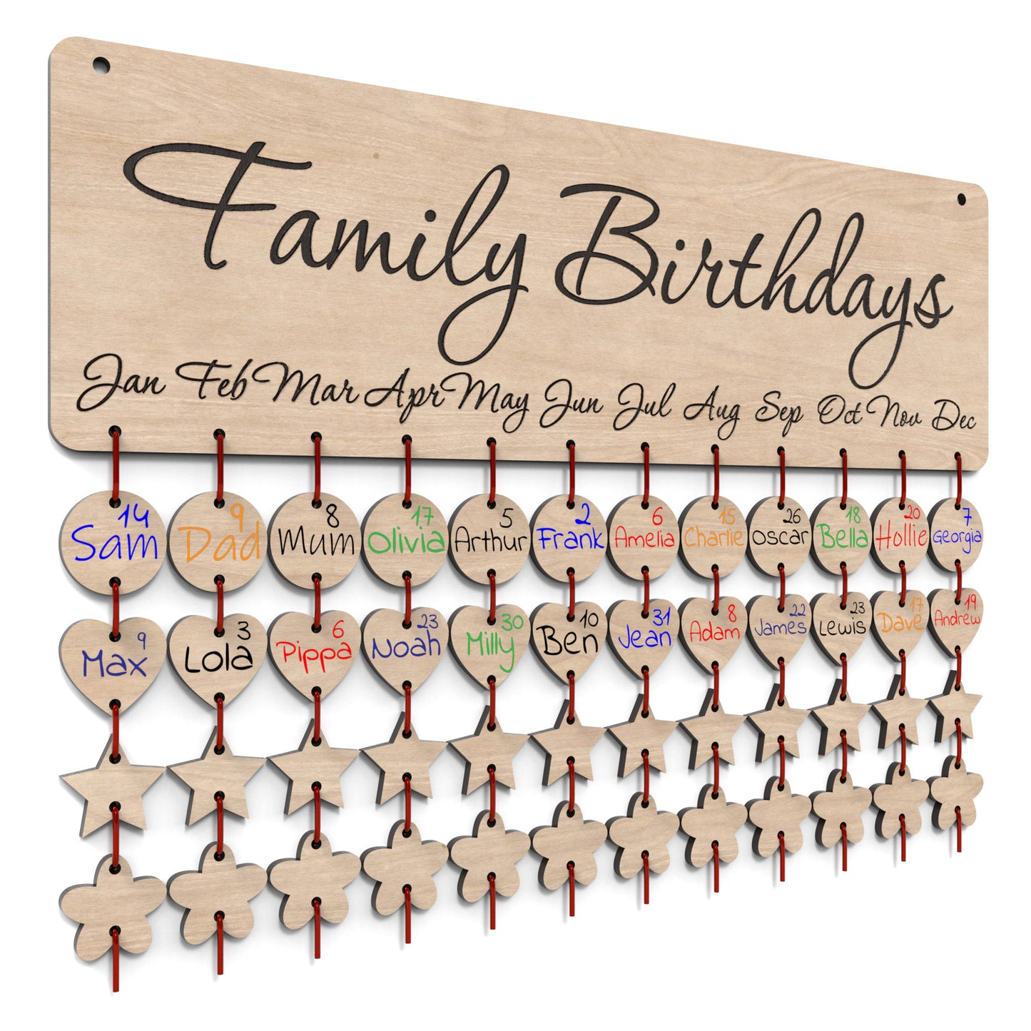A Family Birthday Board Calendar made from our laser cutting files and available for digital download. Easily keep track of family birthdays and special occasions by adding personalized reminder tags below each month.