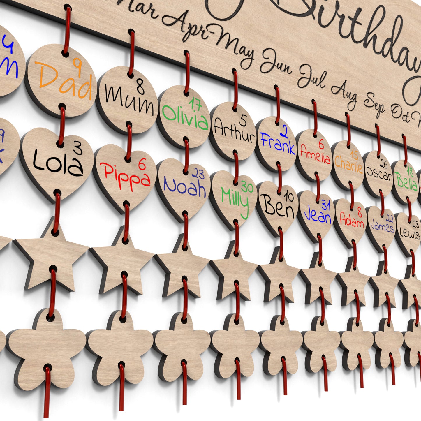 Birthday Board Calendar Tags made from our laser cutting files and available for digital download. Easily keep track of family birthdays and special occasions by adding personalized reminder tags below each month.