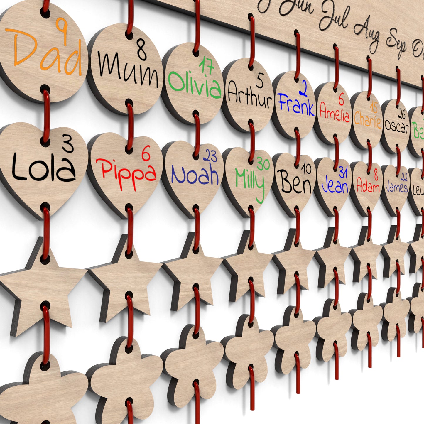 Family Birthday Board Calendar Tags made from our laser cutting files and available for digital download. Easily keep track of family birthdays and special occasions by adding personalized reminder tags below each month.