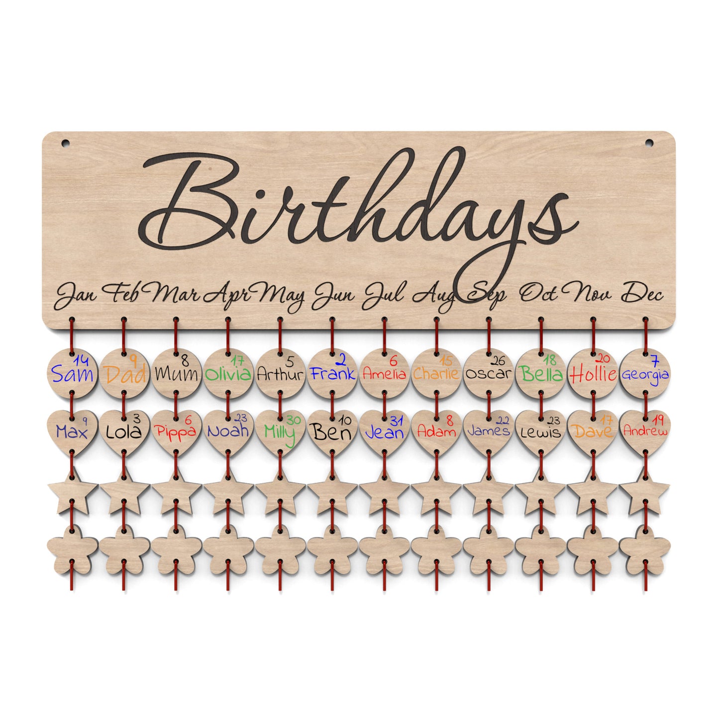 A Birthday Board Calendar made from our laser cutting files and available for digital download. Easily keep track of family birthdays and special occasions by adding personalized reminder tags below each month.