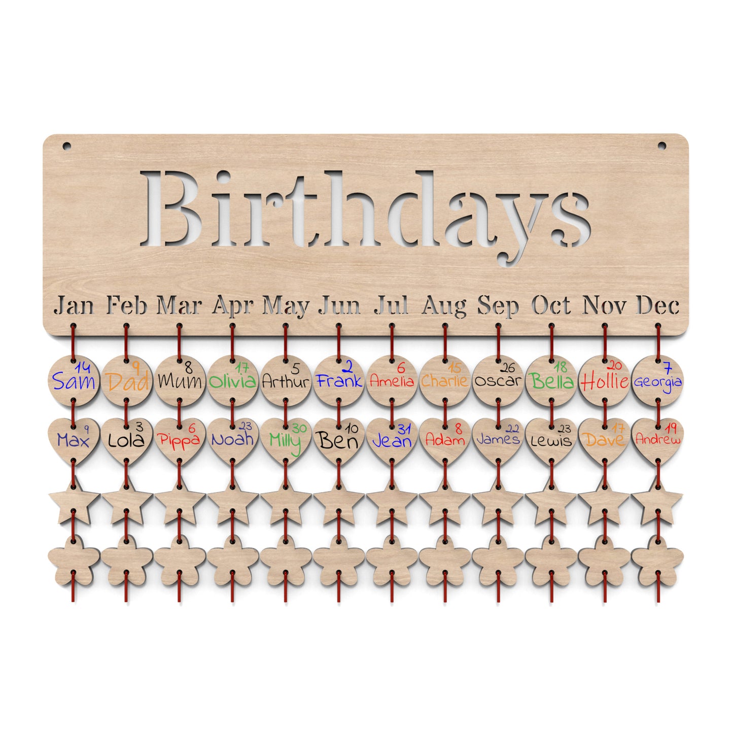A Birthday Board Calendar made from our laser cutting files and available for digital download. Easily keep track of family birthdays and special occasions by adding personalized reminder tags below each month.