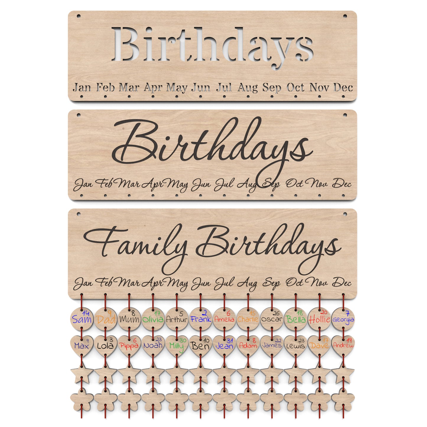 Set of 3 Family Birthday Board Calendars made from our laser cutting files and available for digital download. Easily keep track of family birthdays and special occasions by adding personalized reminder tags below each month.