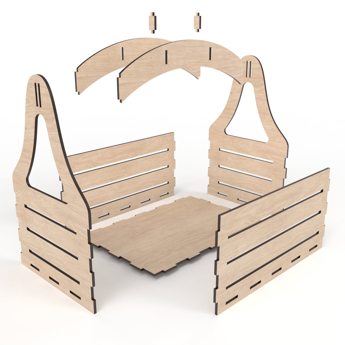 An exploded view of our flower basket / storage basket made from our laser cutting files and available for digital download. Ideal for wedding flower baskets, indoor plant stands, Father's Day beer carrier crates and more.