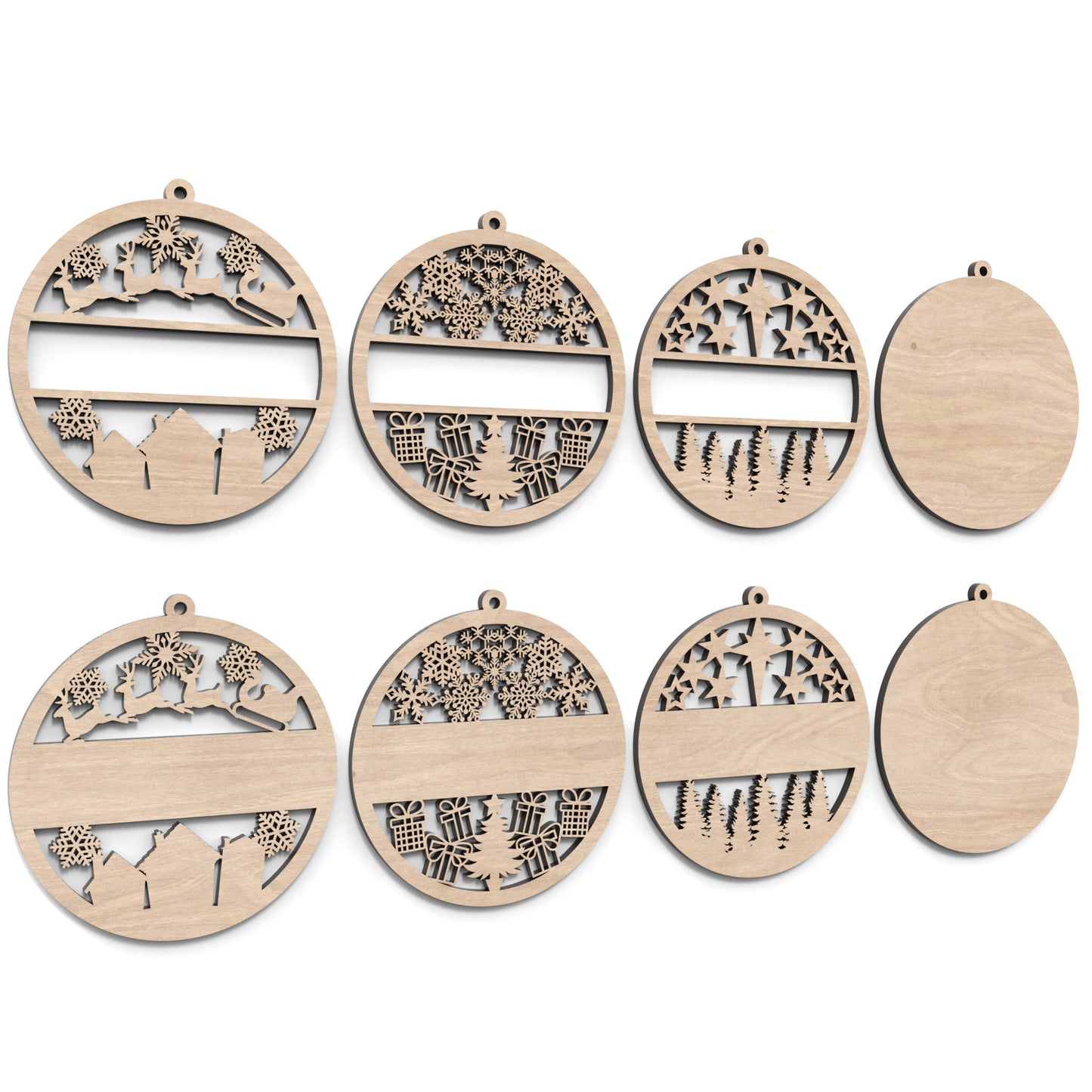 Set of 8 personalized Christmas bauble ornaments made from our laser cutting files and available for digital download. Includes 3 baubles with a hollow middle section for names to be cut out and 3 with a solid middle section for engraving names or messages.