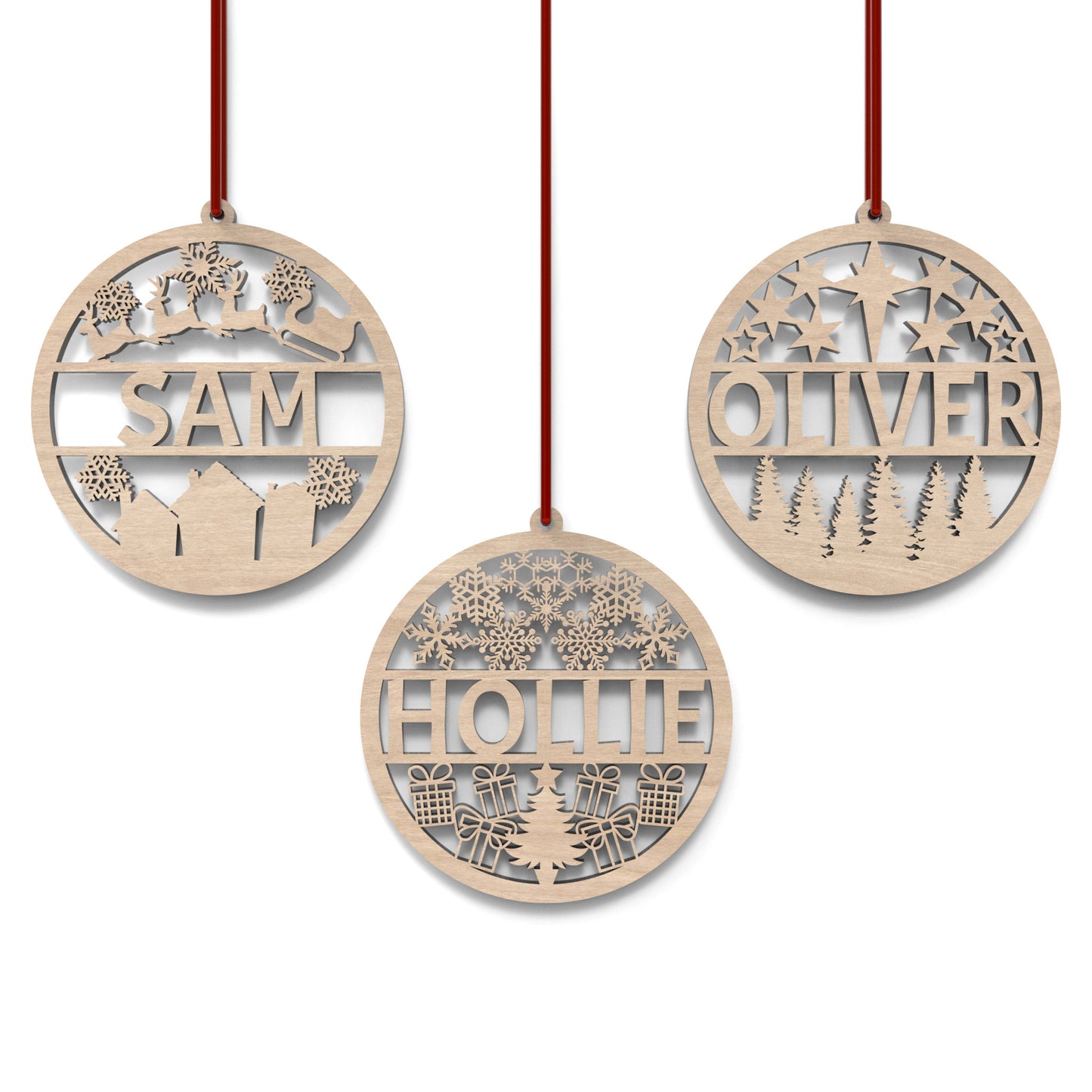 Set of 3 personalized Christmas bauble ornaments made from our laser cutting files and available for digital download. Includes 3 detailed baubles with a hollow middle section for names to be cut out.