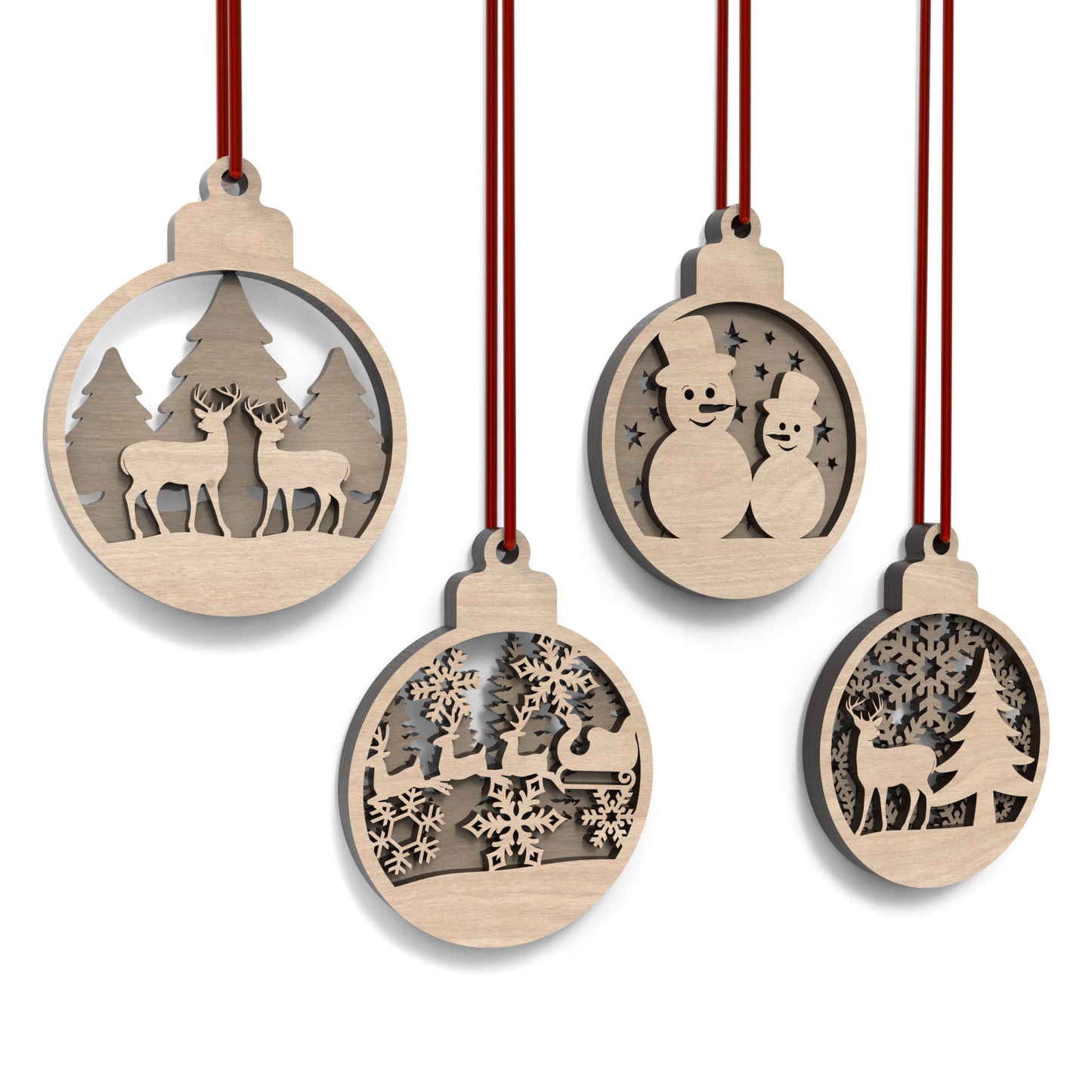 Set of 8 Christmas tree bauble decorations made from our laser cutting files and available for digital download. Features 4 distinct front designs and 4 back designs, allowing for 16 layered combinations or 8 unique individual ornaments.