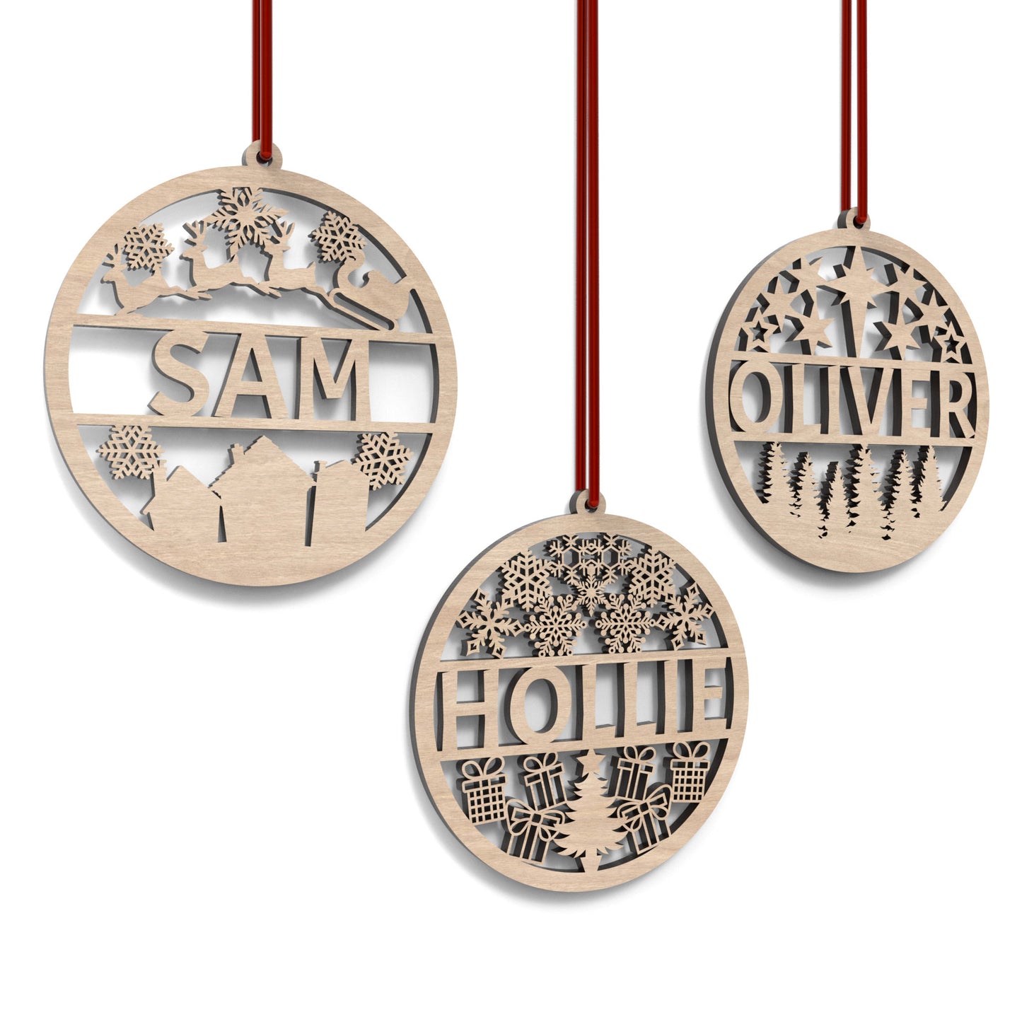 Set of 3 personalized Christmas bauble ornaments made from our laser cutting files and available for digital download. Includes 3 detailed baubles with a hollow middle section for names to be cut out.