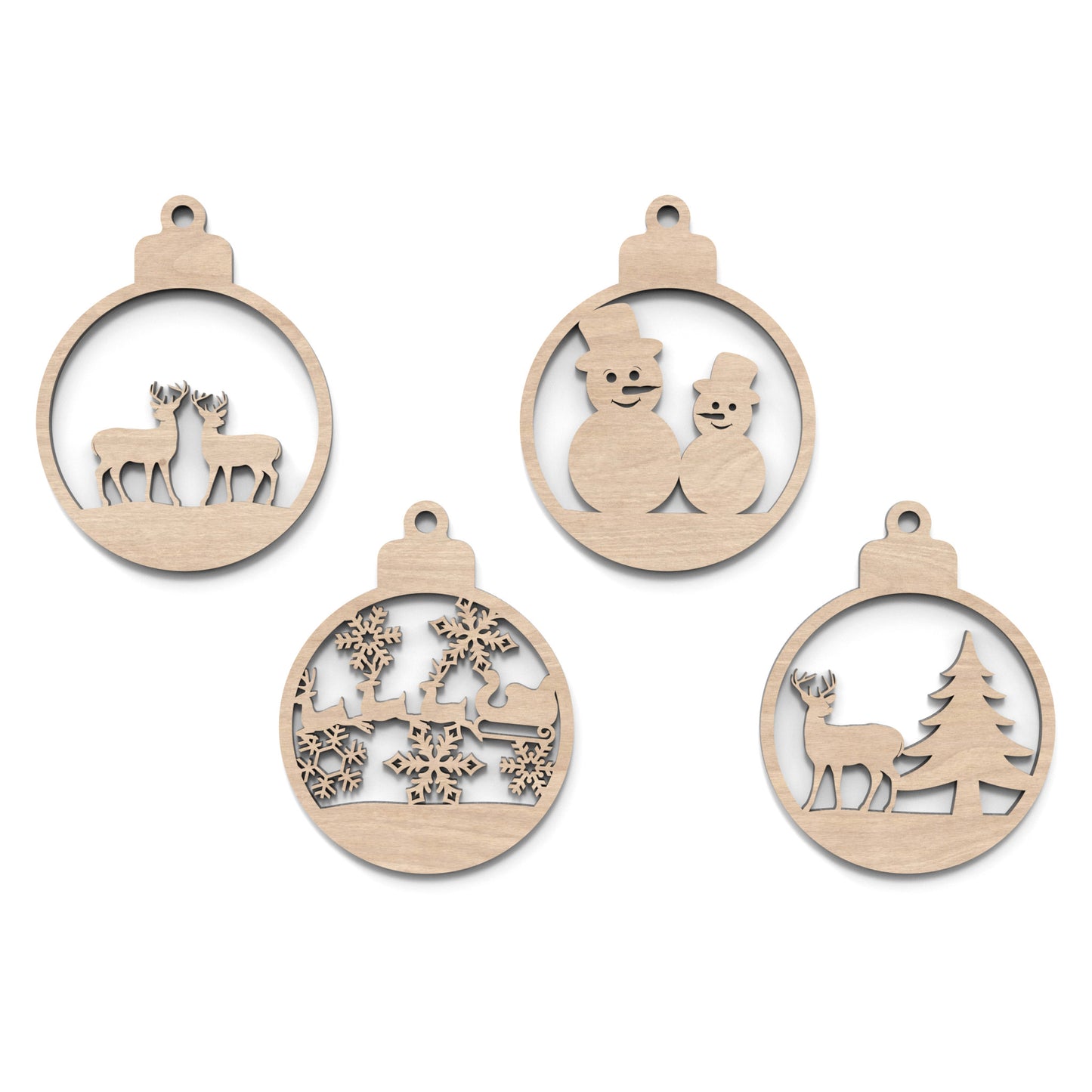 Set of 4 Christmas tree bauble decorations made from our laser cutting files and available for digital download. Features 4 distinct front designs.