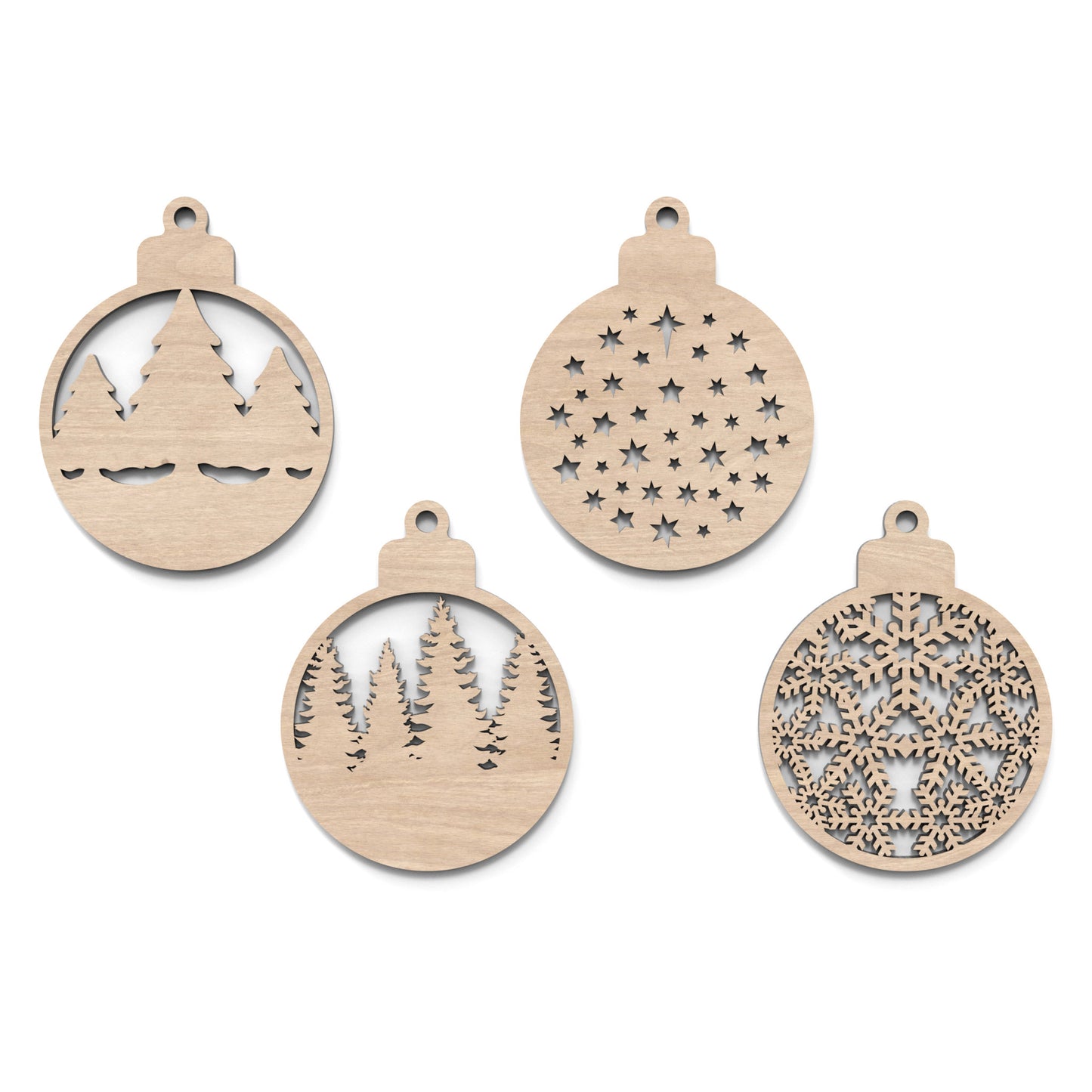 Set of 4 Christmas tree bauble decorations made from our laser cutting files and available for digital download. Features 4 distinct back designs.