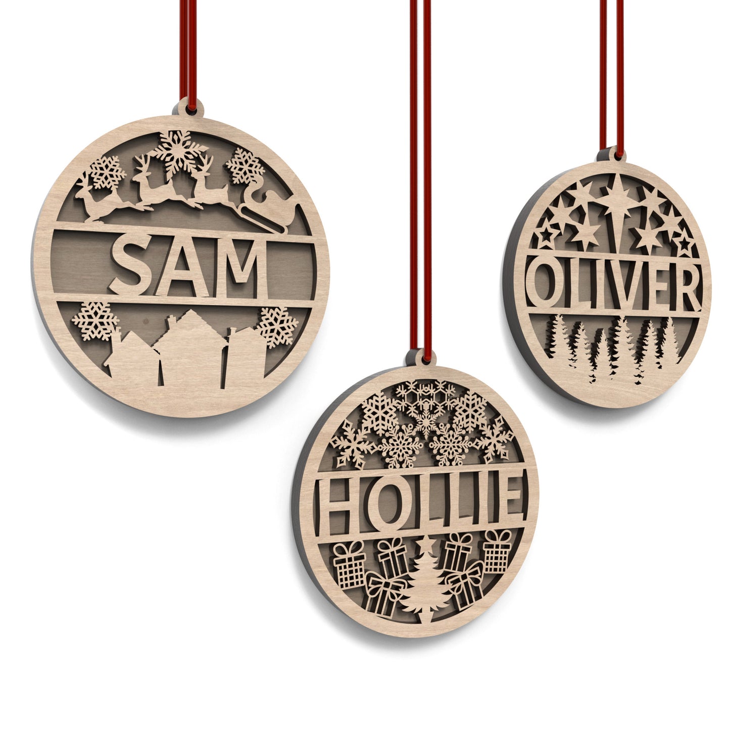 Set of 3 personalized Christmas bauble ornaments made from our laser cutting files and available for digital download. Includes 3 detailed front baubles with a hollow middle section for names to be cut out and a solid back bauble to create a dual layered bauble.