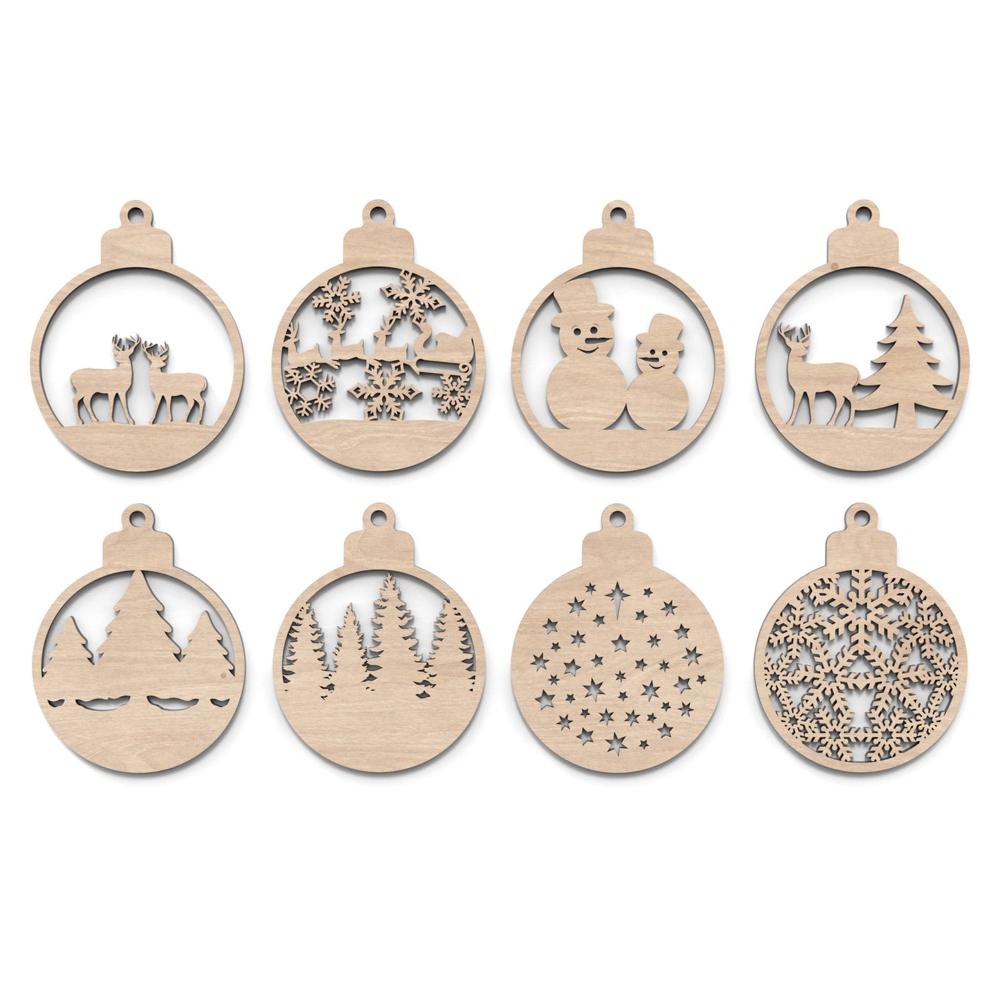 Set of 8 Christmas tree bauble decorations made from our laser cutting files and available for digital download. Features 4 distinct front designs and 4 back designs, allowing for 16 layered combinations or 8 unique individual ornaments.