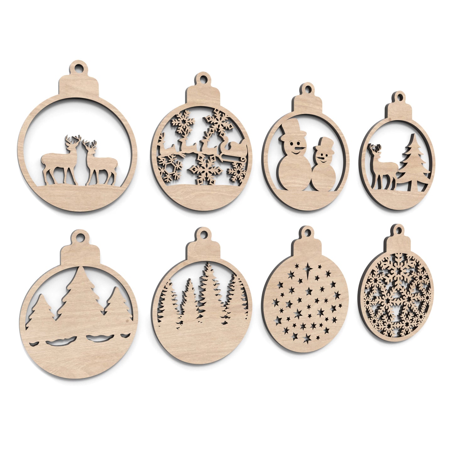Set of 8 Christmas tree bauble decorations made from our laser cutting files and available for digital download. Features 4 distinct front designs and 4 back designs, allowing for 16 layered combinations or 8 unique individual ornaments.