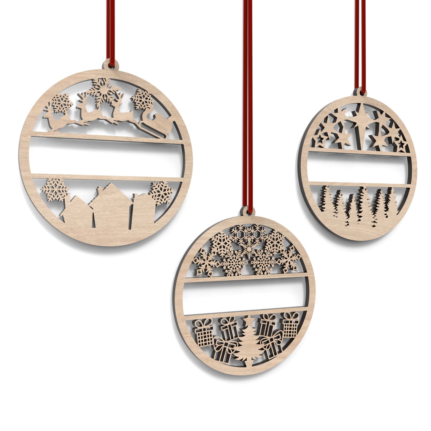 Set of 3 personalized Christmas bauble ornaments made from our laser cutting files and available for digital download. Includes 3 detailed baubles with a hollow middle section for names to be cut out.