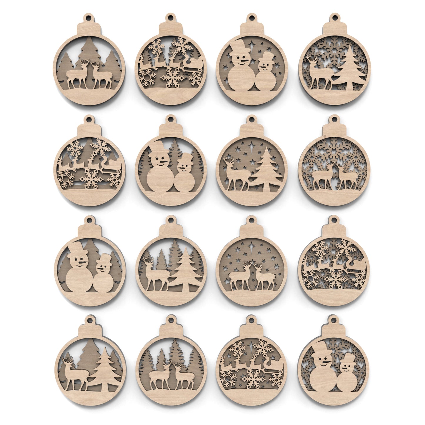 Set of 8 Christmas tree bauble decorations made from our laser cutting files and available for digital download. Features 4 distinct front designs and 4 back designs, allowing for 16 layered combinations or 8 unique individual ornaments.