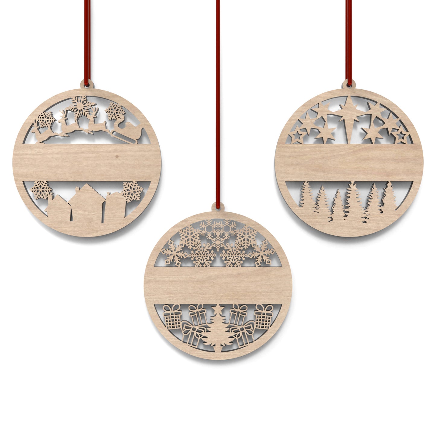 Set of 3 personalized Christmas bauble ornaments made from our laser cutting files and available for digital download. Includes 3 detailed baubles with a solid middle section for names or messages to be laser engraved.
