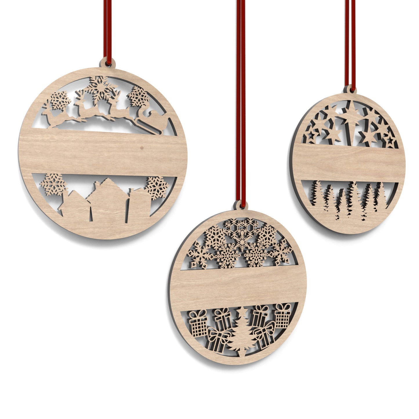 Set of 3 personalized Christmas bauble ornaments made from our laser cutting files and available for digital download. Includes 3 detailed baubles with a solid middle section for names or messages to be laser engraved.