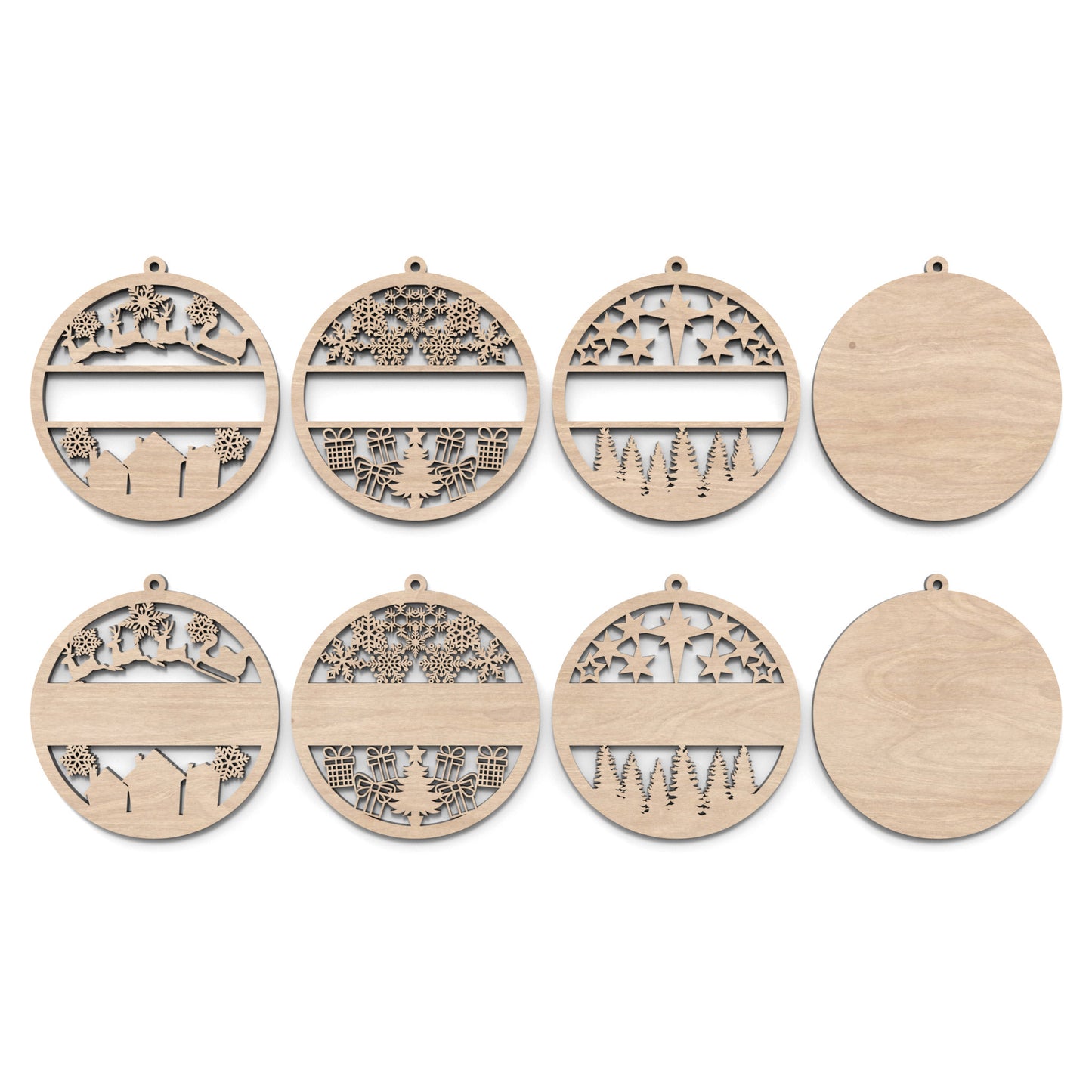 Set of 6 personalized Christmas bauble ornaments made from our laser cutting files and available for digital download. Includes 3 baubles with a hollow middle section for names to be cut out and 3 with a solid middle section for engraving names or messages.