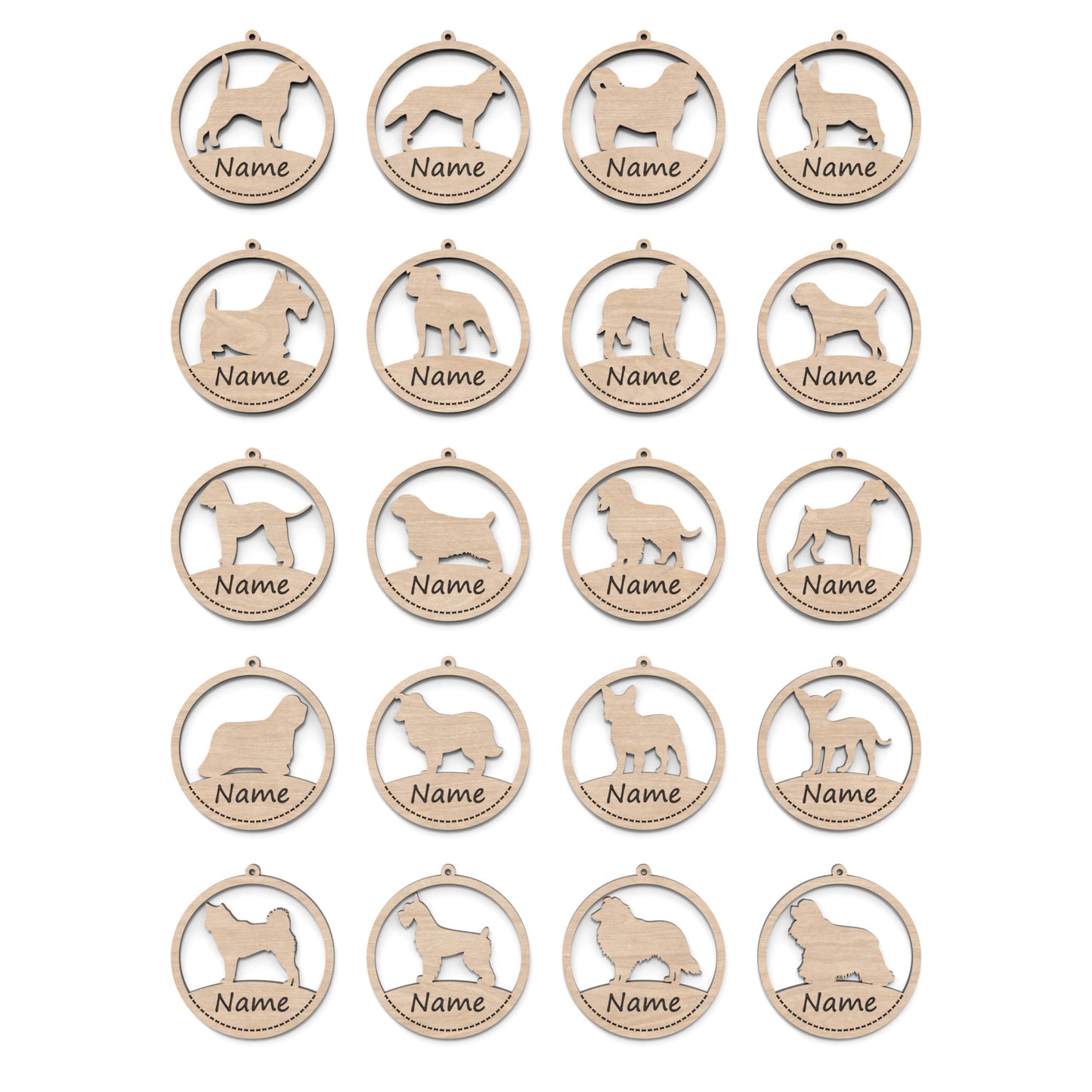 Set of 20 dog ornament baubles made from our laser cutting files and available for digital download. Each ornament features a circular bauble shape with a silhouette of your favourite dog breed in the centre and a space at the bottom for personalization.