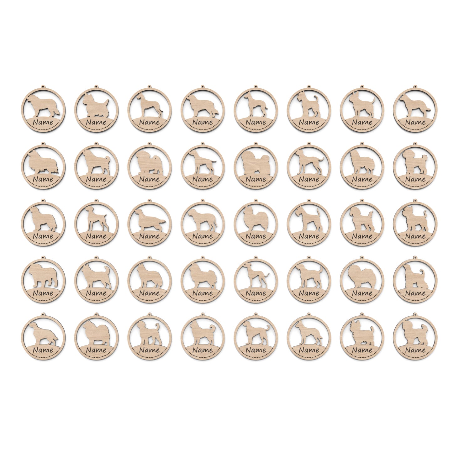 Set of 40 dog ornament baubles made from our laser cutting files and available for digital download. Each ornament features a circular bauble shape with a silhouette of your favourite dog breed in the centre and a space at the bottom for personalization.