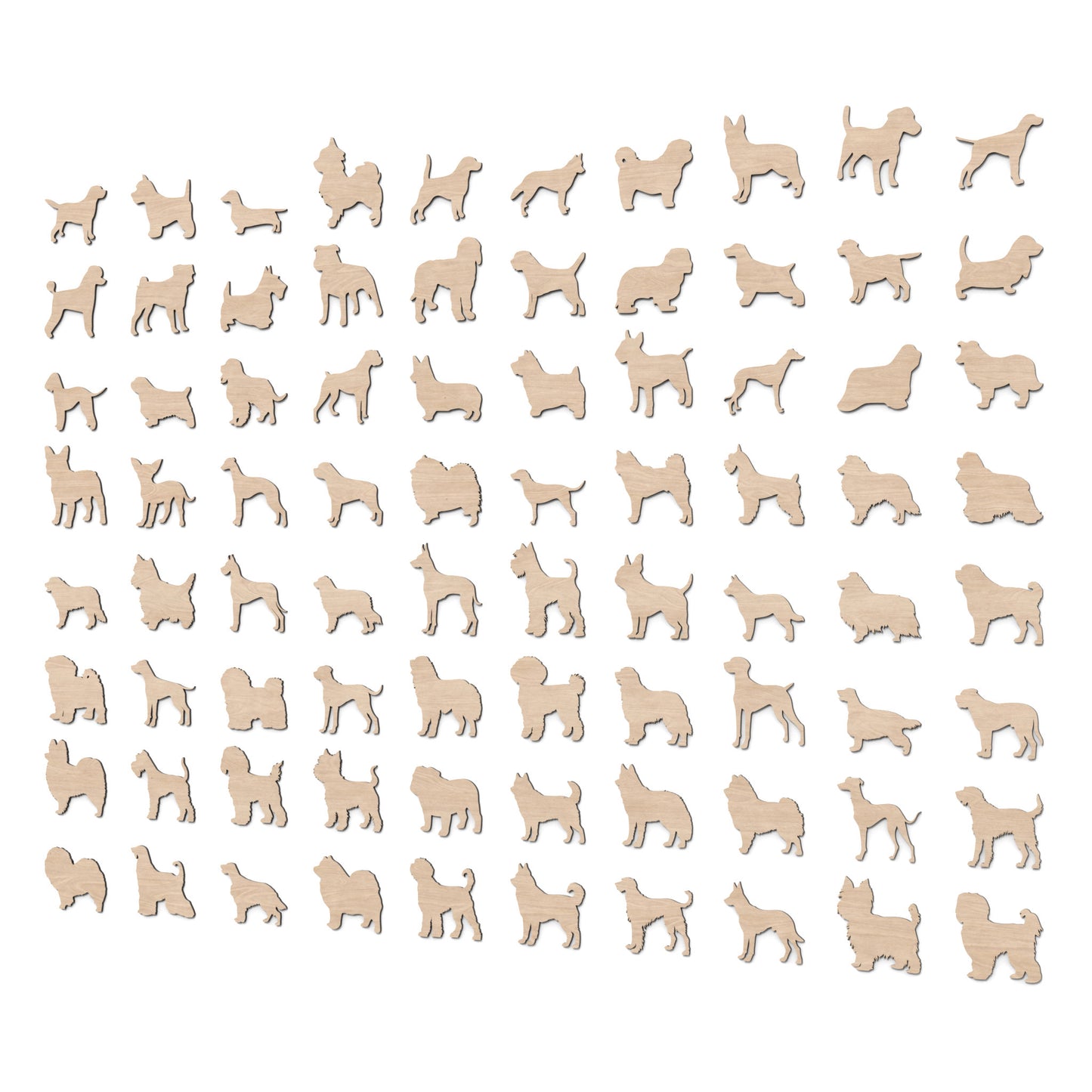 Set of 80 dog silhouette shapes made from our laser cutting files and available for digital download. This bundle includes 80 different dog breeds, Perfect for dog lovers and craft enthusiasts.