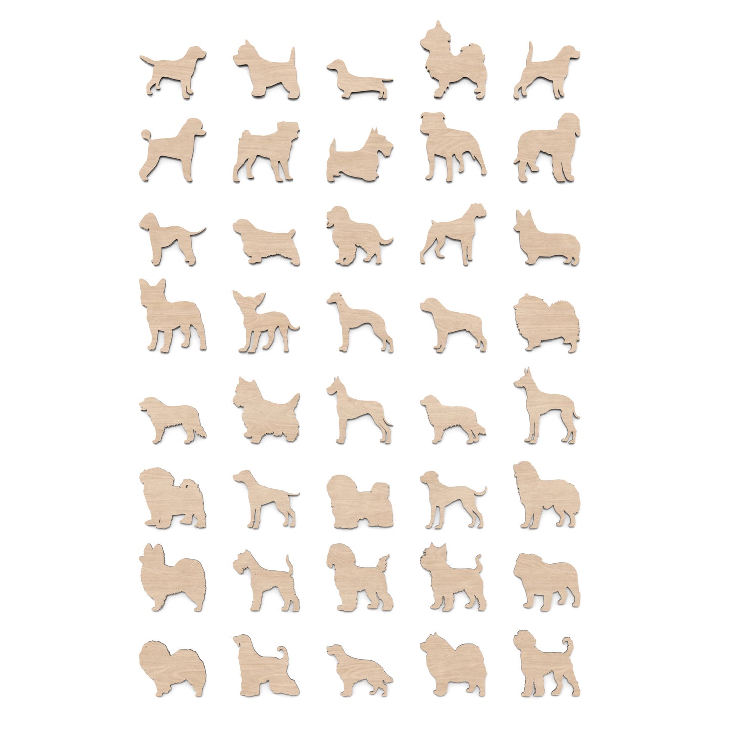 Set of 40 dog silhouette shapes made from our laser cutting files and available for digital download. This bundle includes 80 different dog breeds, Perfect for dog lovers and craft enthusiasts.