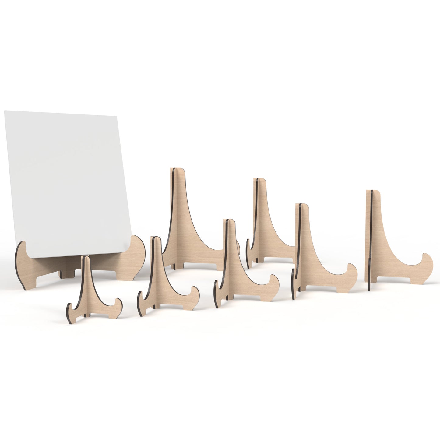 Set of 8 easel display stands made from our laser cutting files and available for digital download. Includes sizes ranging from small 10cm to large 30cm, ideal for showcasing signs, pictures, products, and more with both visual appeal and practicality.
