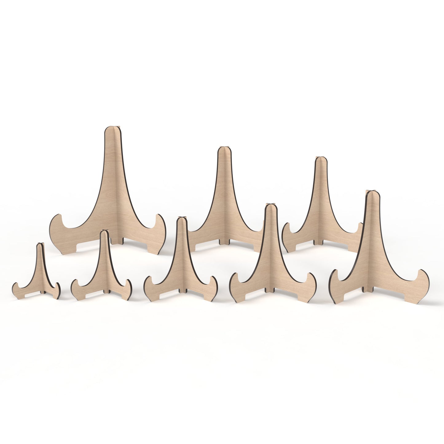 Set of 8 easel display stands made from our laser cutting files and available for digital download. Includes sizes ranging from small 10cm to large 30cm, ideal for showcasing signs, pictures, products, and more with both visual appeal and practicality.