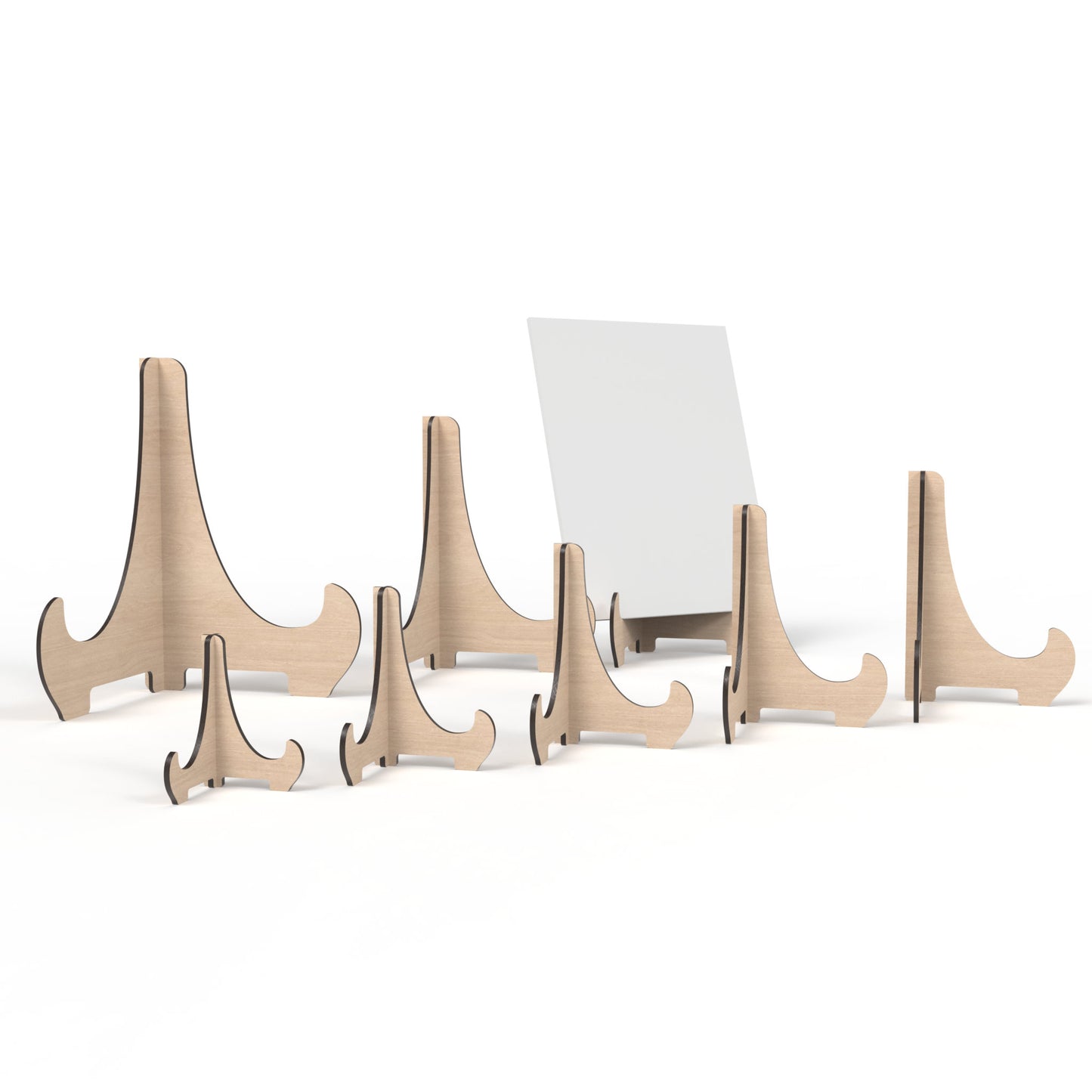 Set of 8 easel display stands made from our laser cutting files and available for digital download. Includes sizes ranging from small 10cm to large 30cm, ideal for showcasing signs, pictures, products, and more with both visual appeal and practicality.