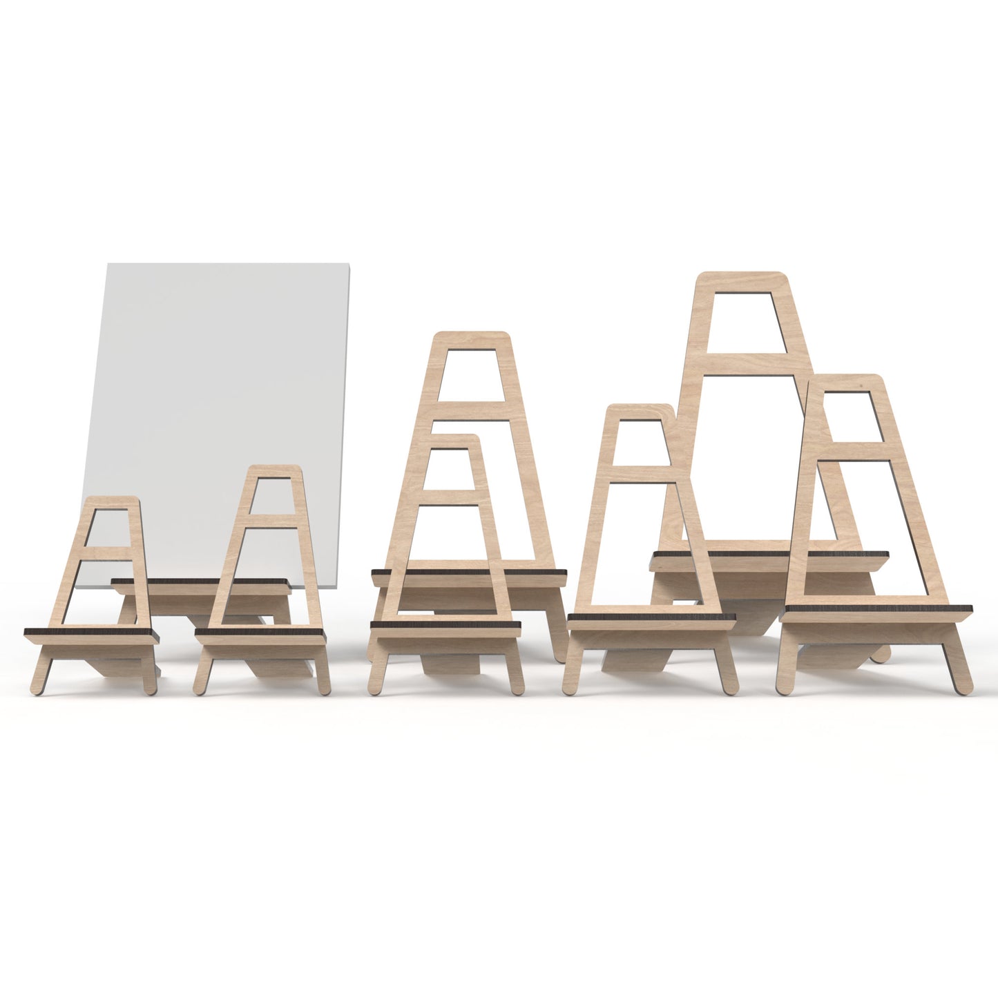 Set of 8 easel display stands made from our laser cutting files and available for digital download. Sizes range from small 12cm to large 30cm, perfect for showcasing signs, pictures, products, and more with visual appeal and practicality.