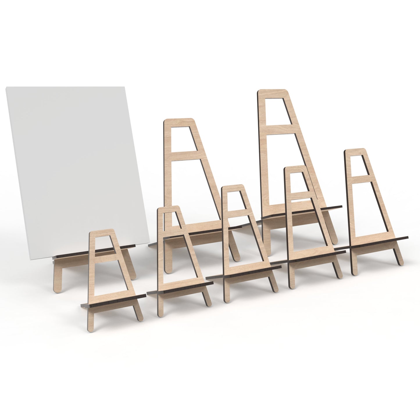 Set of 8 easel display stands made from our laser cutting files and available for digital download. Sizes range from small 12cm to large 30cm, perfect for showcasing signs, pictures, products, and more with visual appeal and practicality.