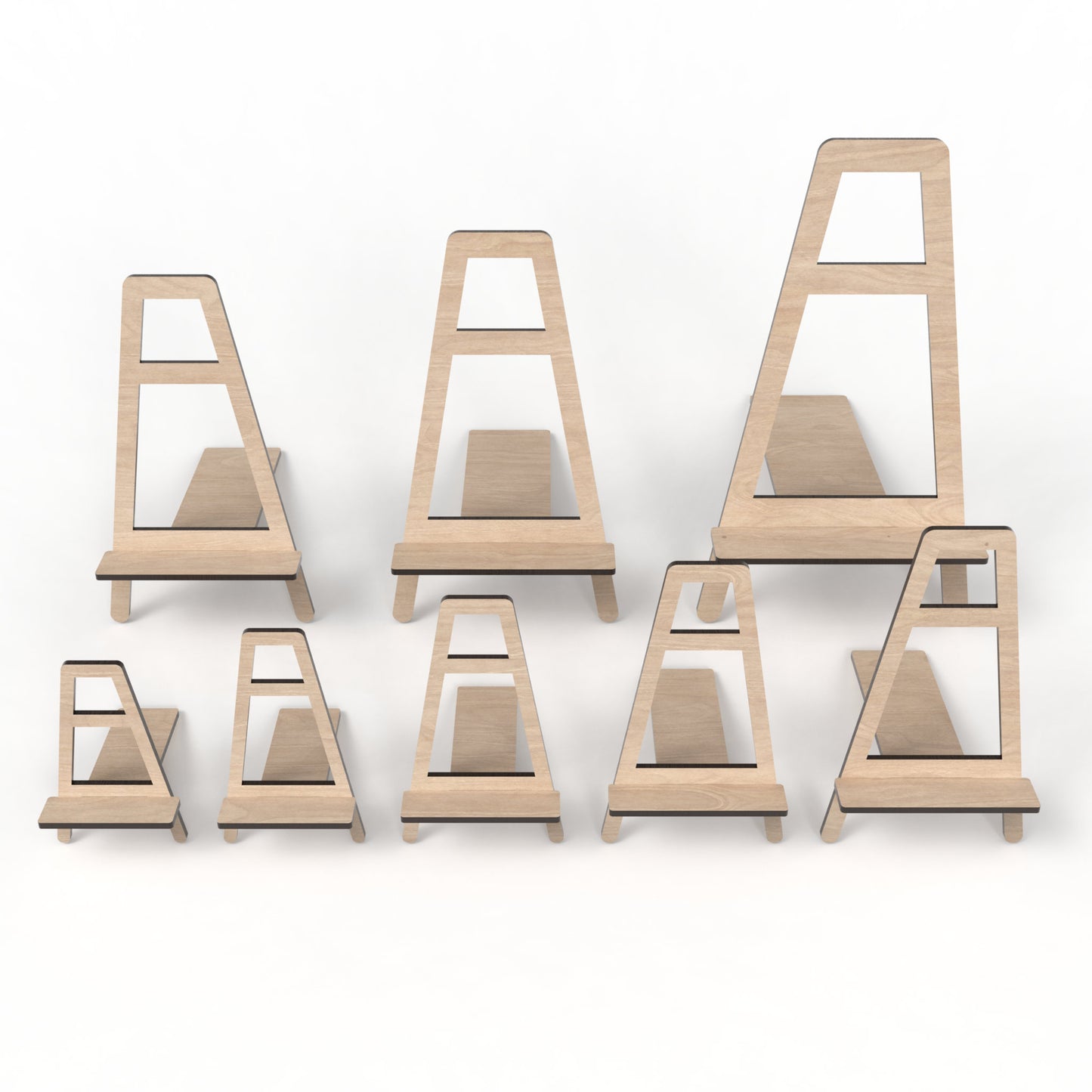 Set of 8 easel display stands made from our laser cutting files and available for digital download. Sizes range from small 12cm to large 30cm, perfect for showcasing signs, pictures, products, and more with visual appeal and practicality.