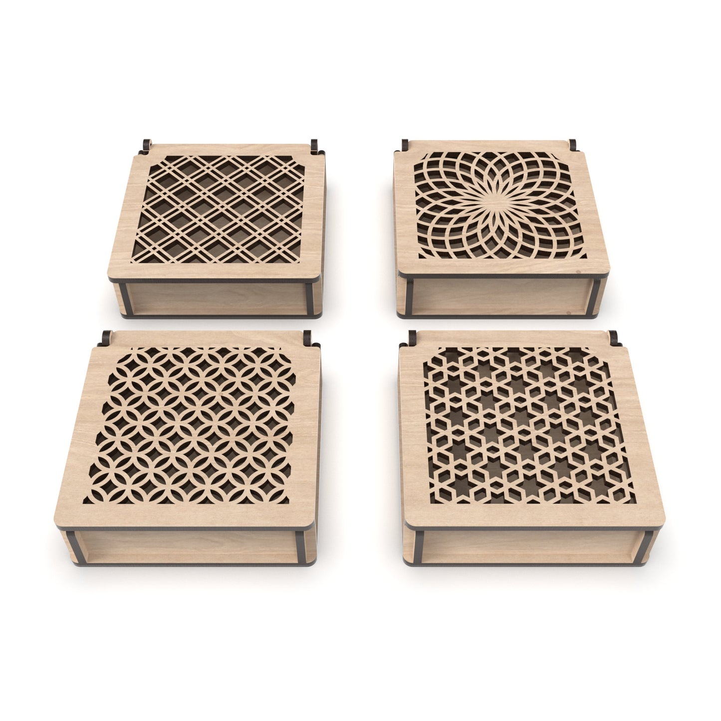 Set of 4 decorative flip-top boxes made from our laser cutting files and available for digital download. Ideal for storing jewelry, trinkets, or small items.