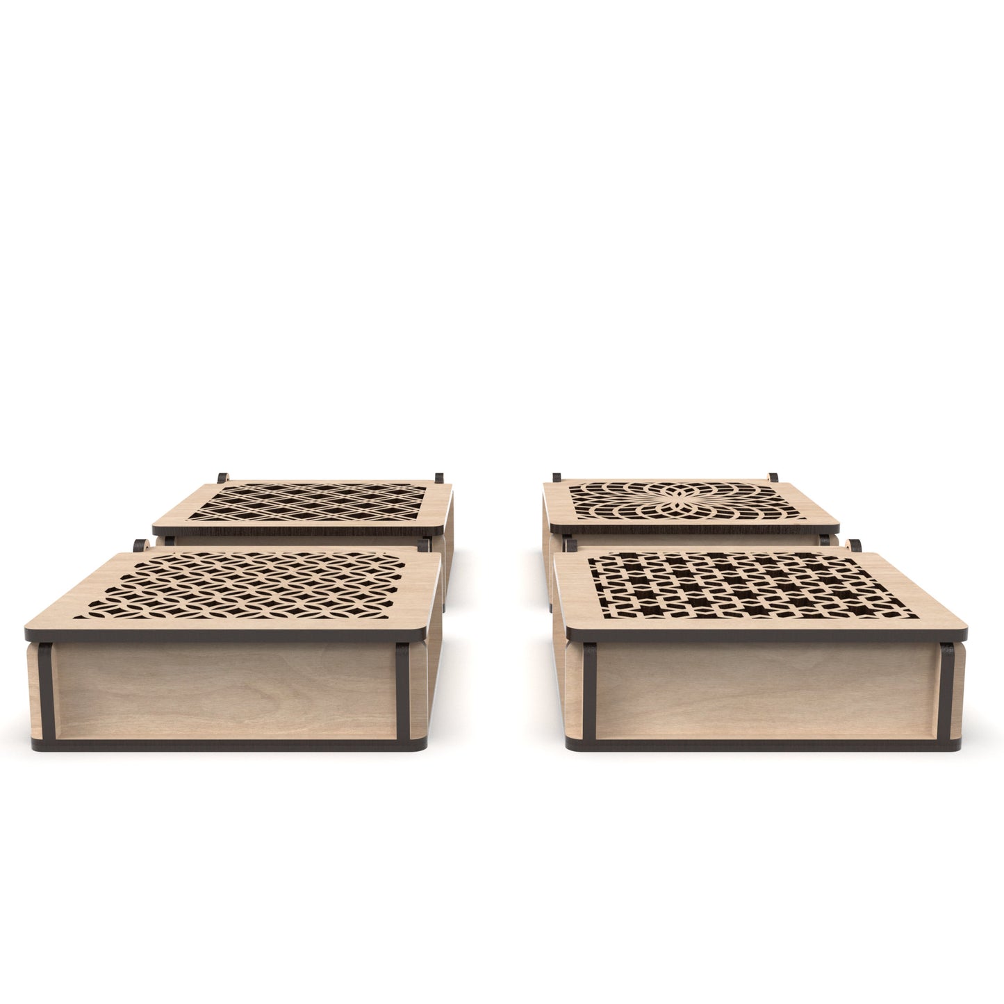 Set of 4 decorative flip-top boxes made from our laser cutting files and available for digital download. Ideal for storing jewelry, trinkets, or small items.