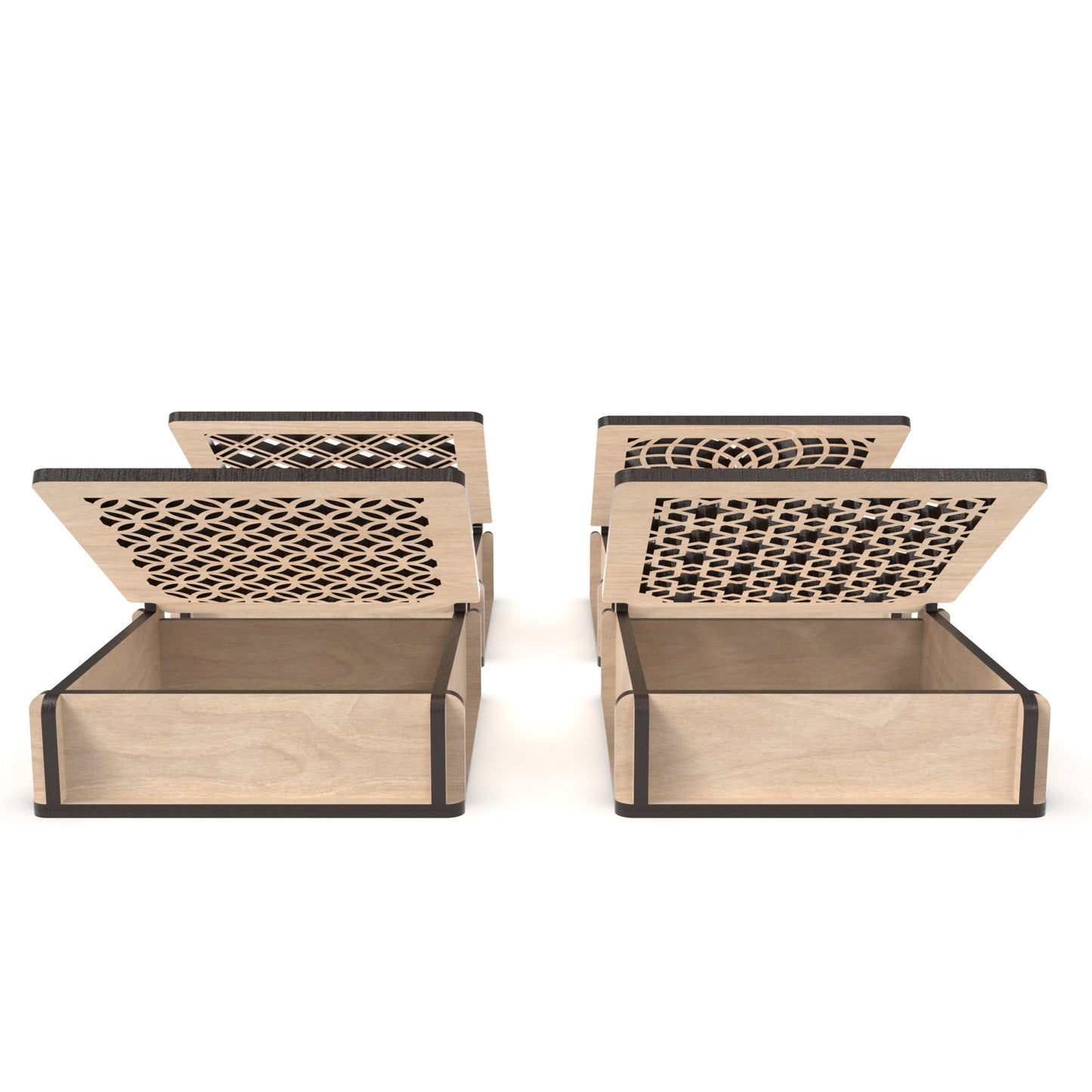 Set of 4 decorative flip-top boxes made from our laser cutting files and available for digital download. Ideal for storing jewelry, trinkets, or small items.
