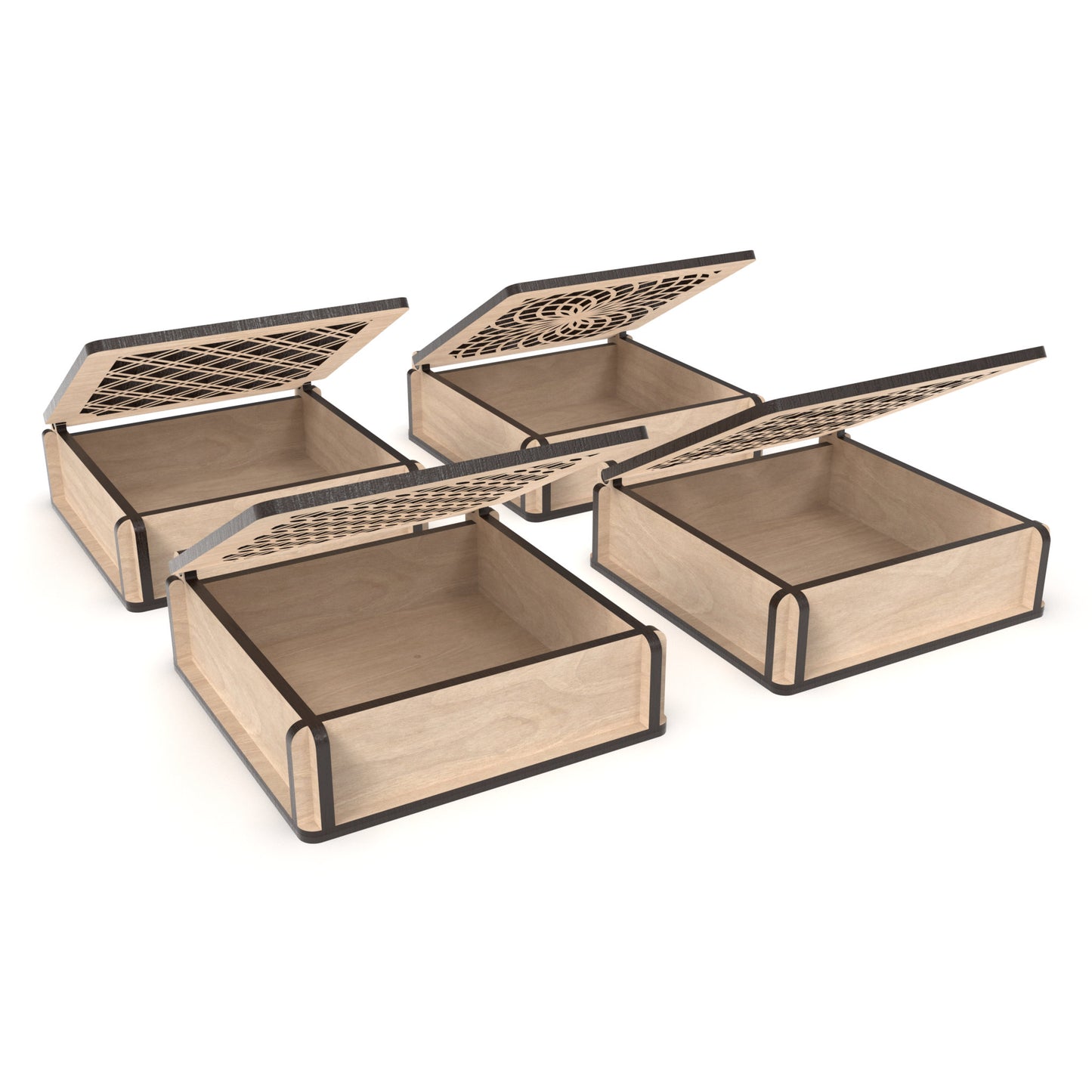 Set of 4 decorative flip-top boxes made from our laser cutting files and available for digital download. Ideal for storing jewellery, trinkets, or small items.