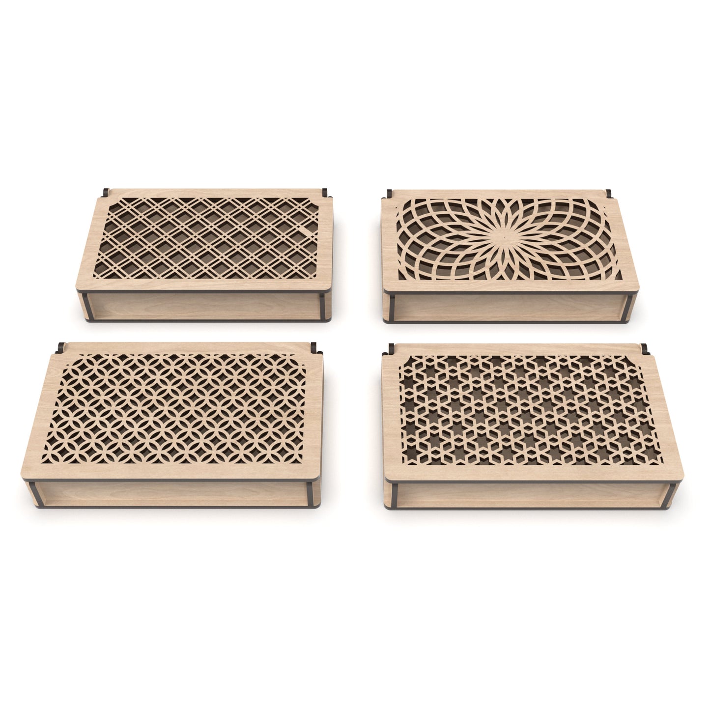 Set of 4 decorative flip-top boxes made from our laser cutting files and available for digital download. Ideal for storing jewelry, trinkets, or small items.