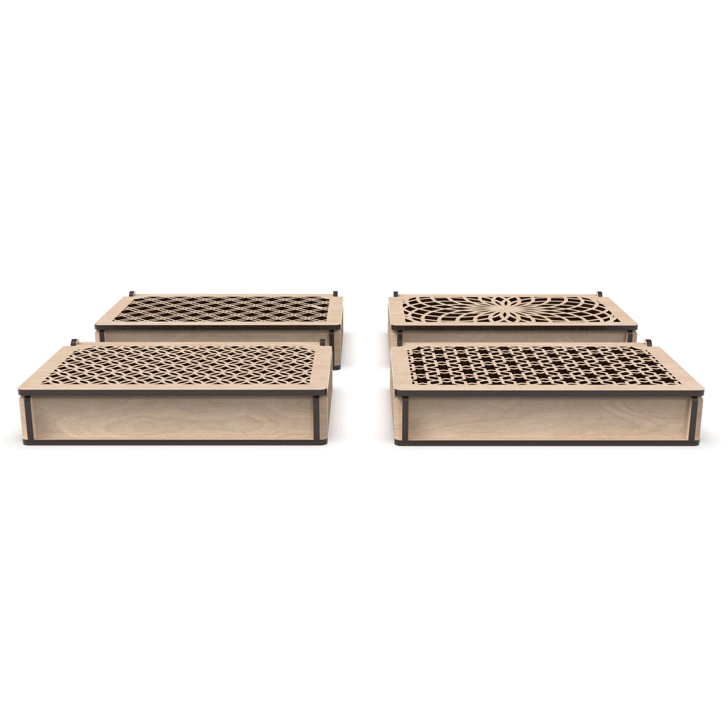 Set of 4 decorative flip-top boxes made from our laser cutting files and available for digital download. Ideal for storing jewelry, trinkets, or small items.