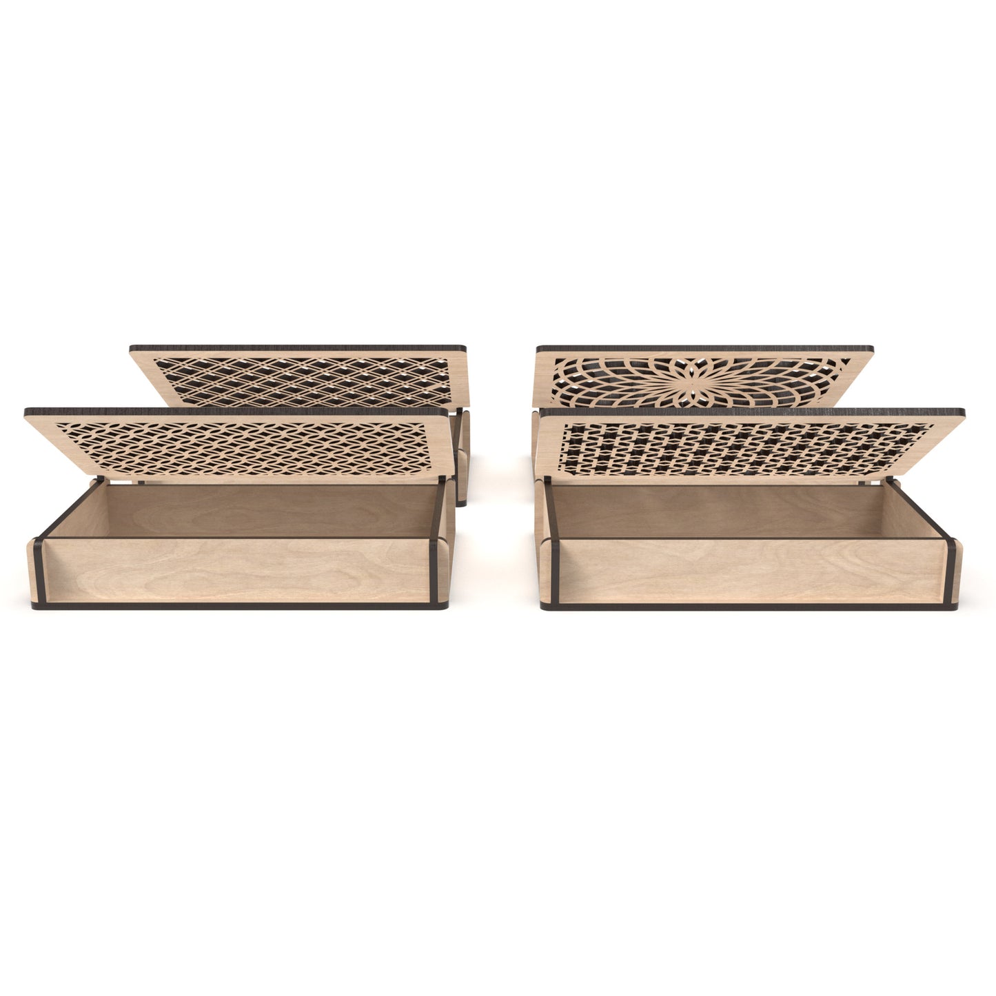 Set of 4 decorative flip-top boxes made from our laser cutting files and available for digital download. Ideal for storing jewelry, trinkets, or small items.