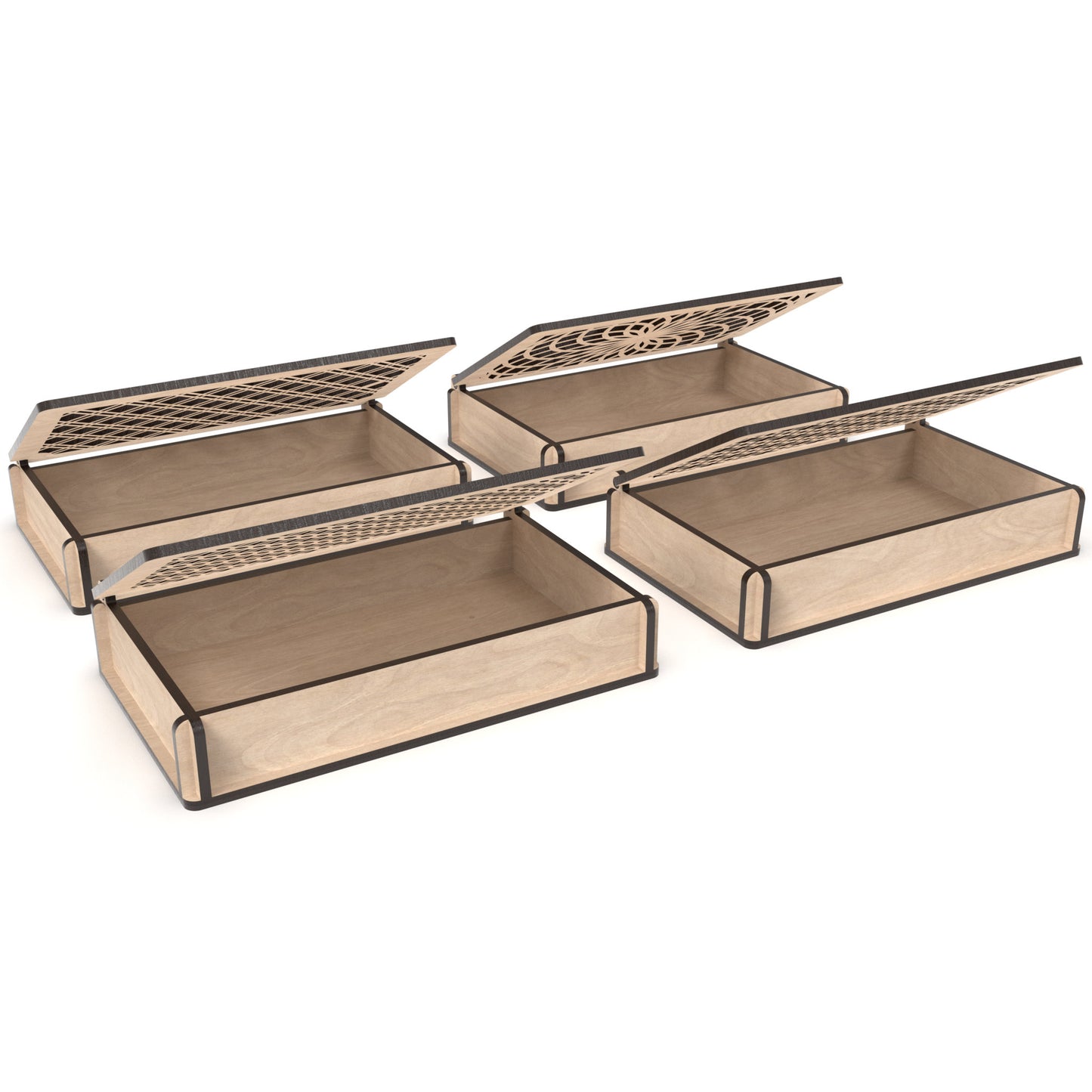 Set of 4 decorative flip-top boxes made from our laser cutting files and available for digital download. Ideal for storing jewellery, trinkets, or small items.